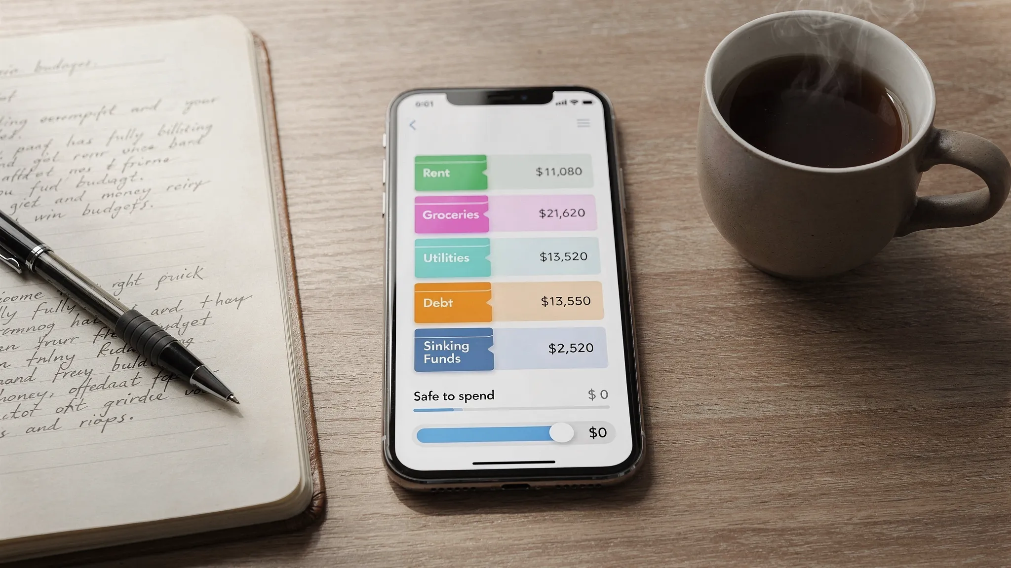Overhead view of a smartphone showing a clean zero-based budgeting screen with envelopes for Rent, Groceries, Utilities, Debt, Fun, and Sinking Funds, plus a safe-to-spend gauge at zero after allocations. A notebook and coffee sit nearby, suggesting a quick weekly money review.