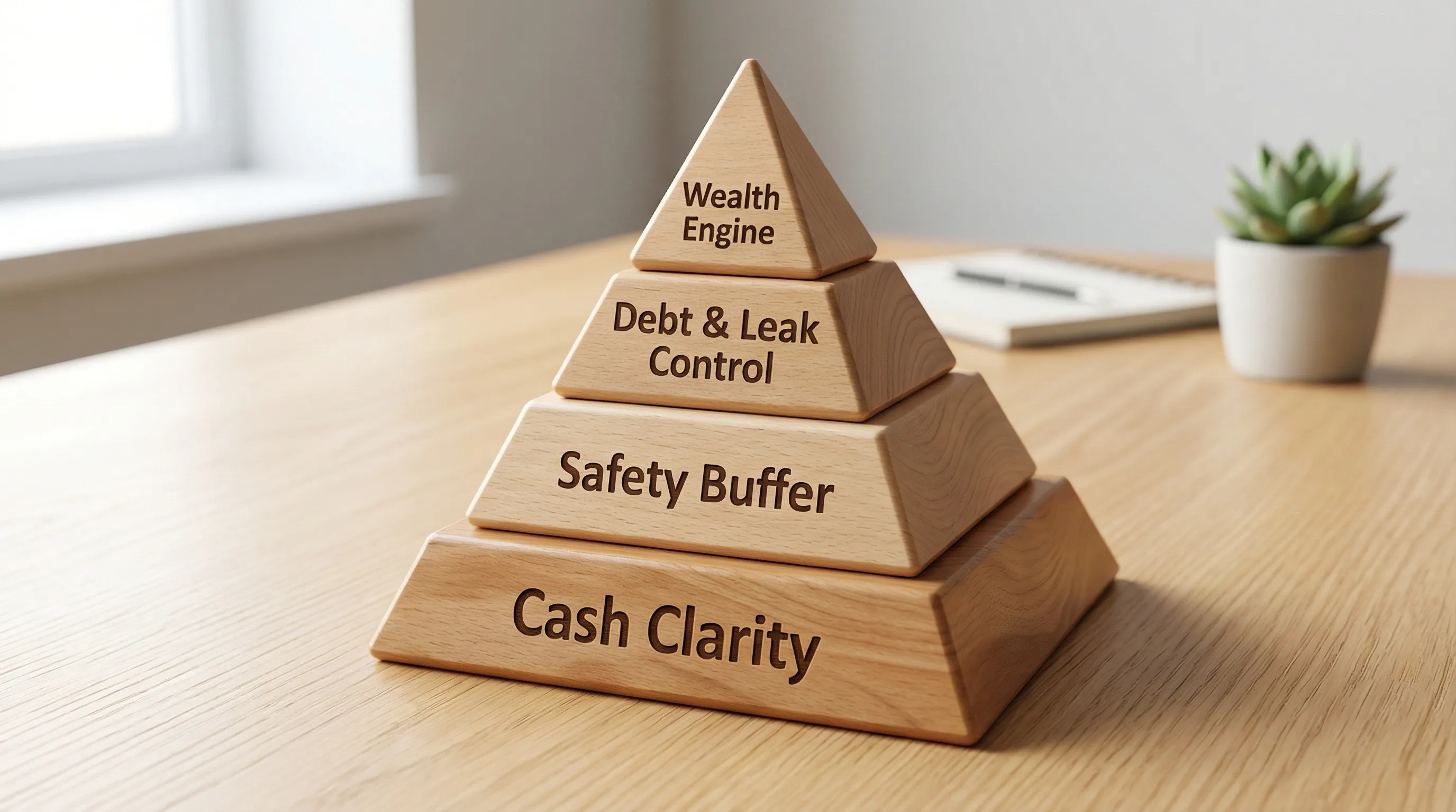 A simple four-layer pyramid labeled from bottom to top: Cash Clarity, Safety Buffer, Debt & Leak Control, Wealth Engine. Minimal, clean design.