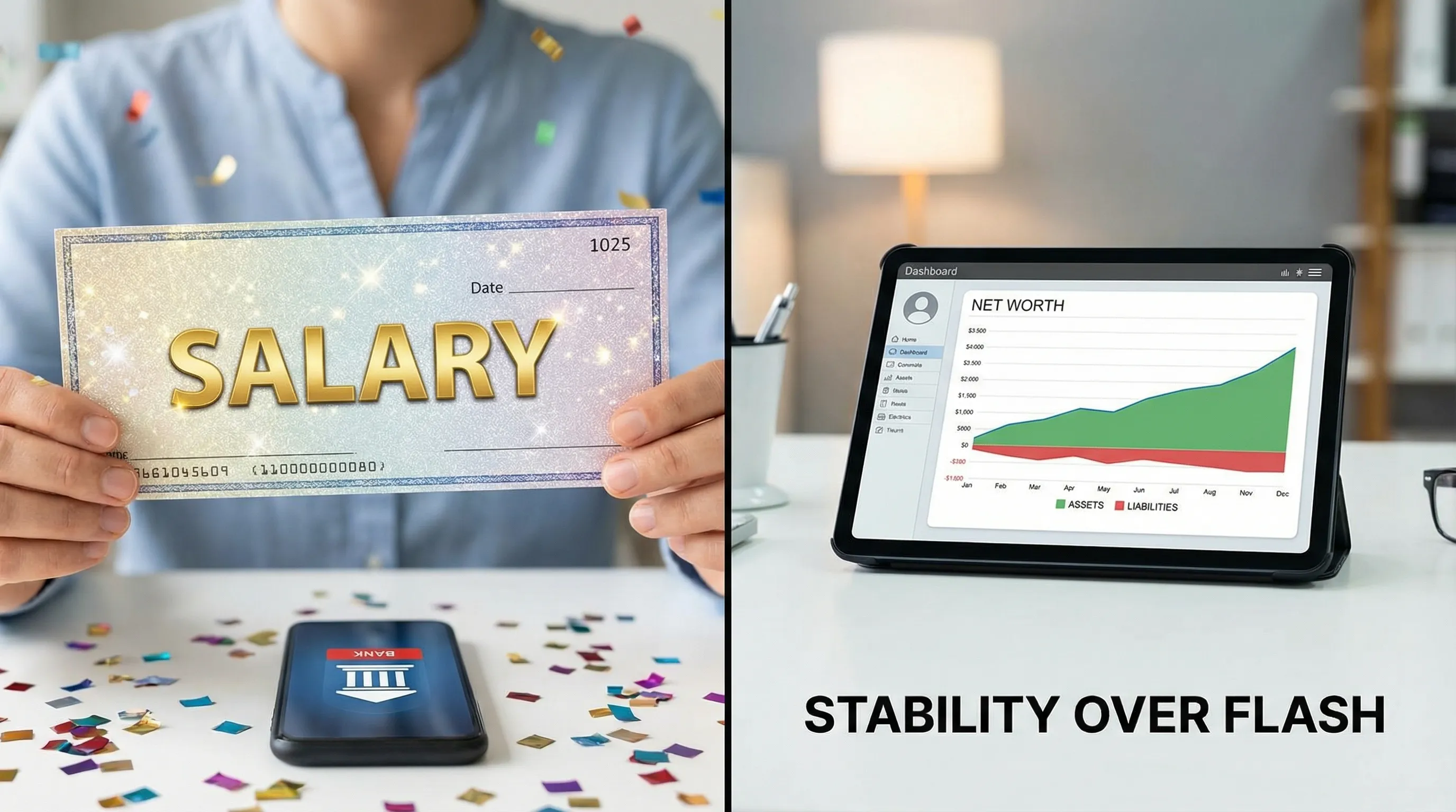 A split-screen style illustration: on one side a shiny paycheck labeled âSalaryâ with confetti, on the other side a calm dashboard labeled âNet Worthâ showing assets, liabilities, and a growing trend line, emphasizing stability over flash.