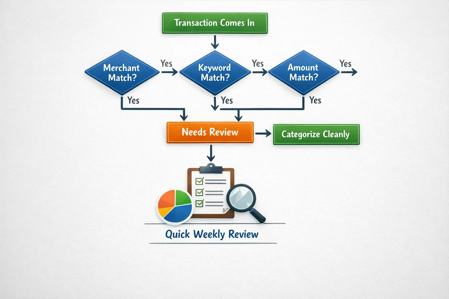 A simple flowchart showing spending rules automation: Transaction comes in, checks merchant match, then keyword match, then amount match, otherwise routes to “Needs Review,” ending with clean categories and a quick weekly review.