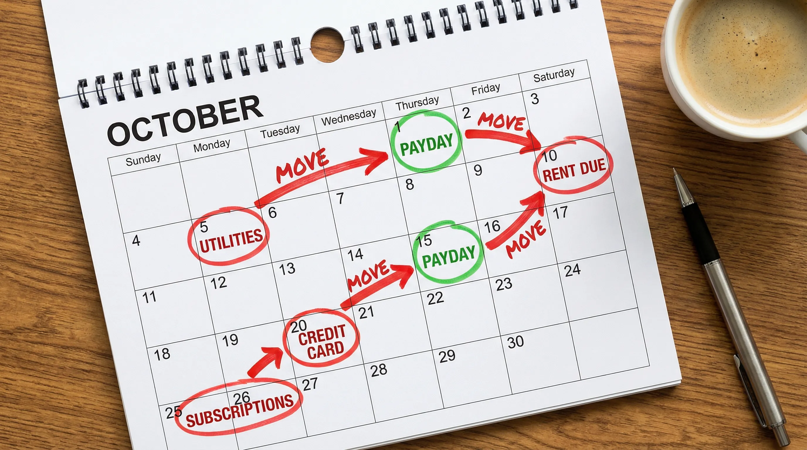 A simple calendar view showing paydays highlighted in green and major bill due dates (rent, utilities, credit card, subscriptions) marked in red, with arrows indicating moving due dates to right after payday.