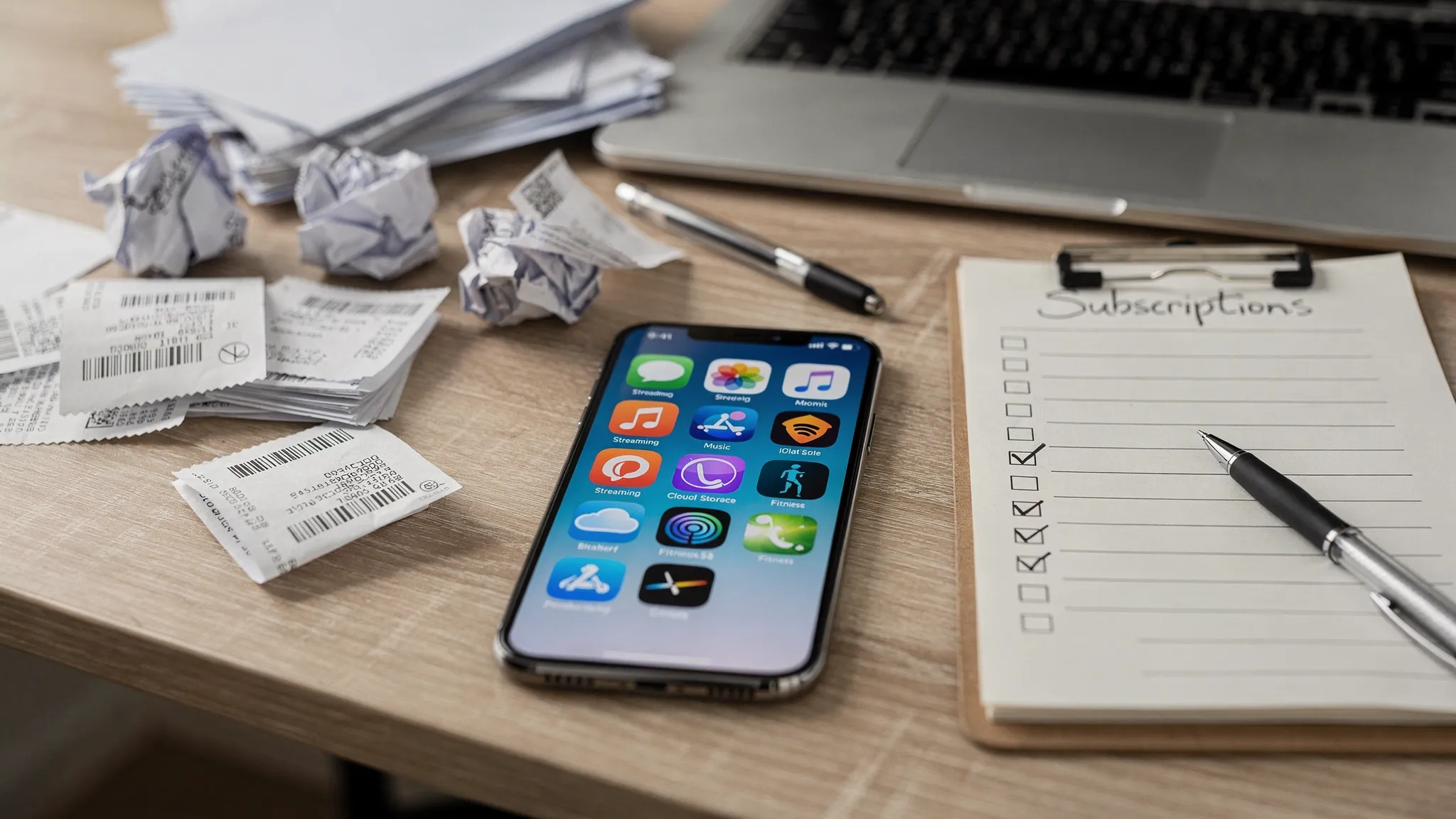 A messy desk with scattered receipts, a phone showing multiple app subscription icons, and a simple checklist titled âSubscriptions,â conveying the feeling of financial clutter and the start of organizing recurring charges.