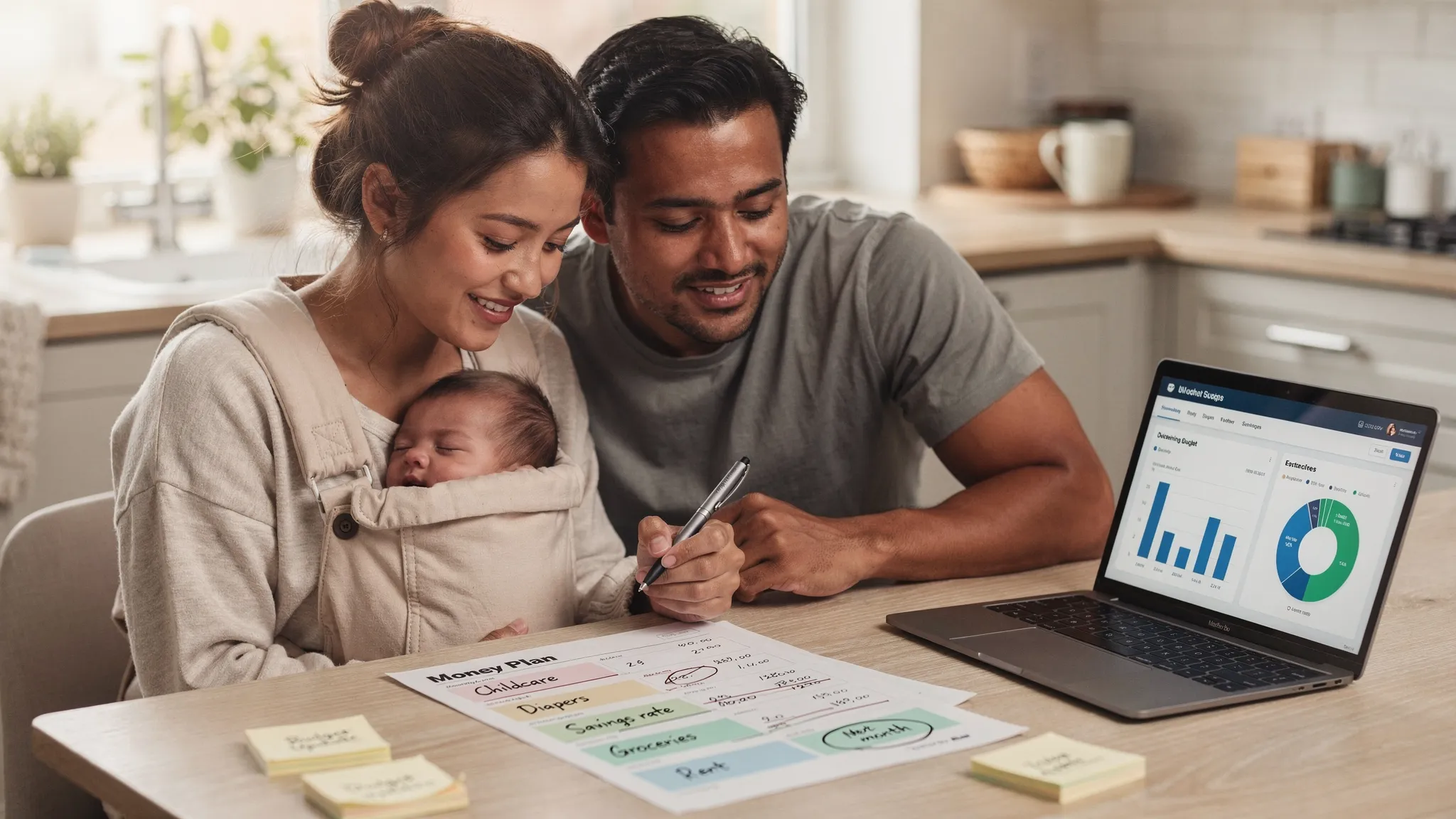 A tired but happy couple sits at a kitchen table with a baby asleep in a carrier, reviewing a simple one-page money plan with highlighted categories like childcare, diapers, and savings rate. A laptop is open and facing the couple, showing a clean budgeting dashboard layout with charts but no readable text.