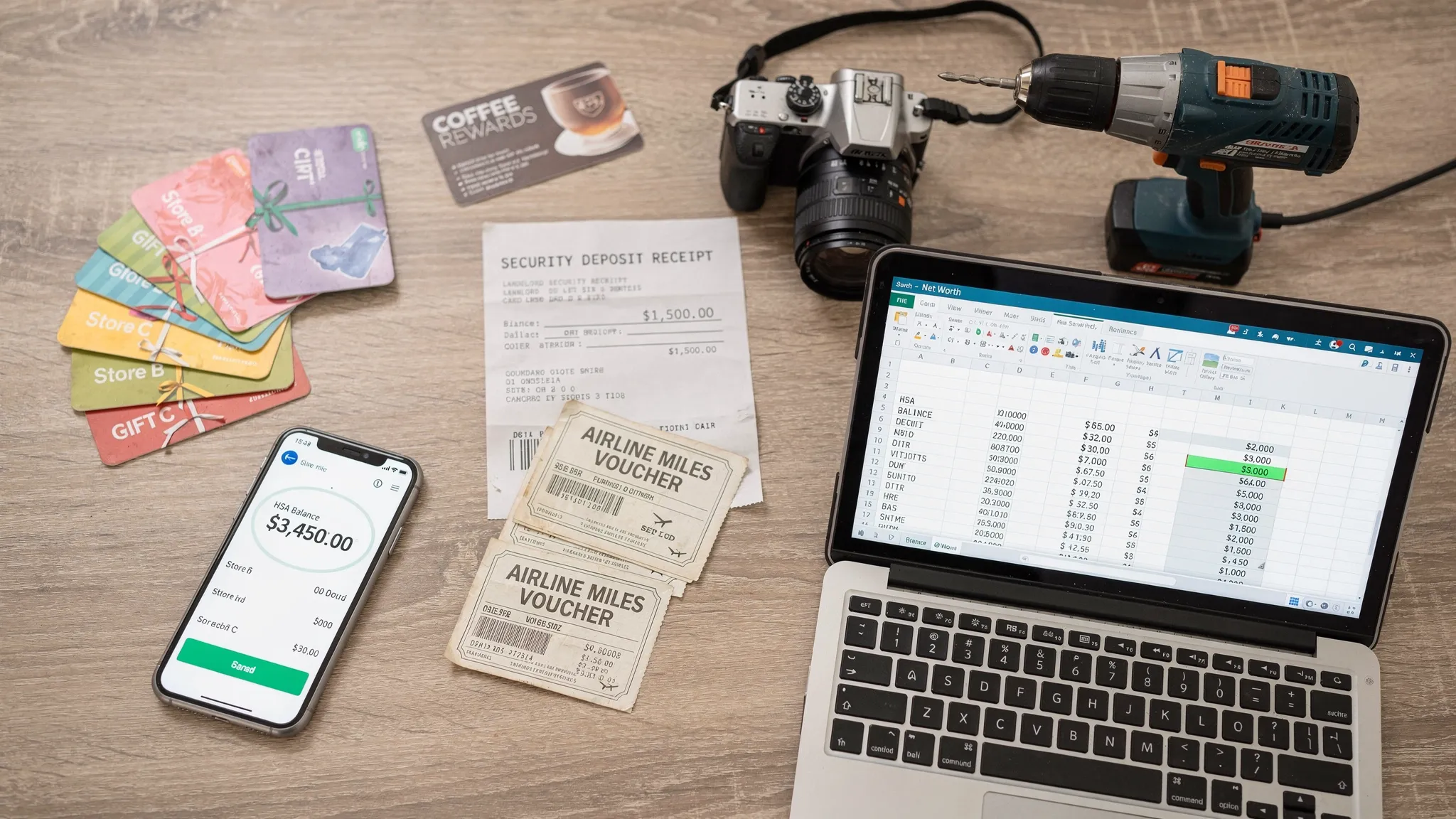 A topâdown view of a kitchen table covered with âhidden assetsâ: a stack of gift cards, a phone showing an HSA balance, a pile of airline miles vouchers, a coffee shop card, a landlord security deposit receipt, a camera and power drill for resale, and a laptop with a net worth spreadsheet that suddenly jumps after adding these items.