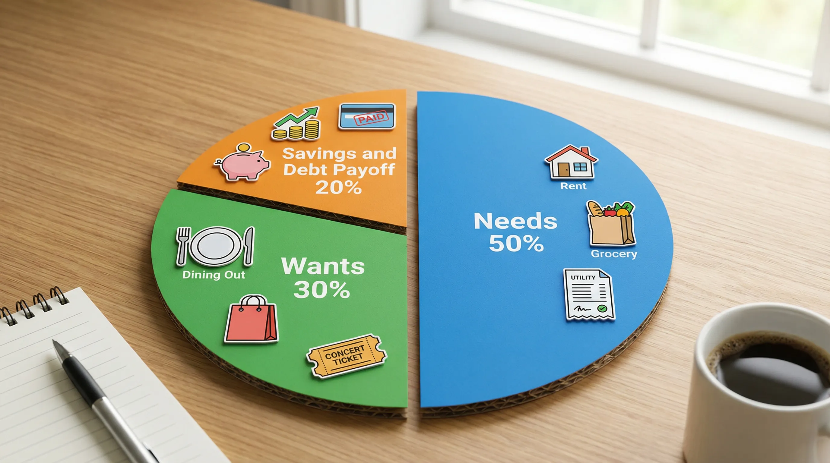 A simple pie chart showing the 50/30/20 budget split, labeled Needs 50%, Wants 30%, Savings and Debt Payoff 20%, alongside a few example expense icons like rent, groceries, dining out, and investing.