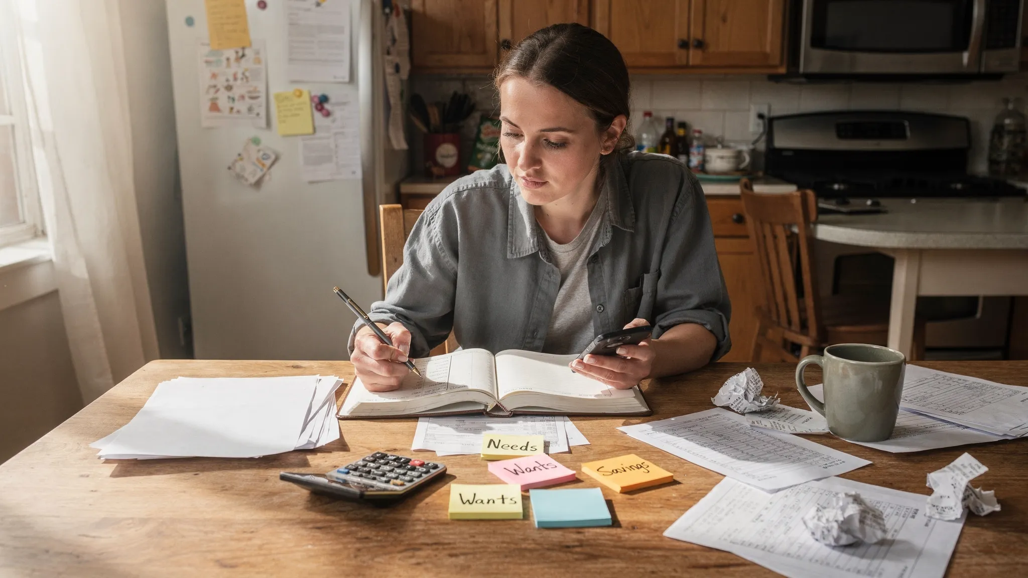A person at a kitchen table reviewing a budget with a notebook and a phone, with visible sticky notes labeled Needs, Wants, and Savings; the scene feels realistic and slightly messy, like real life money management.