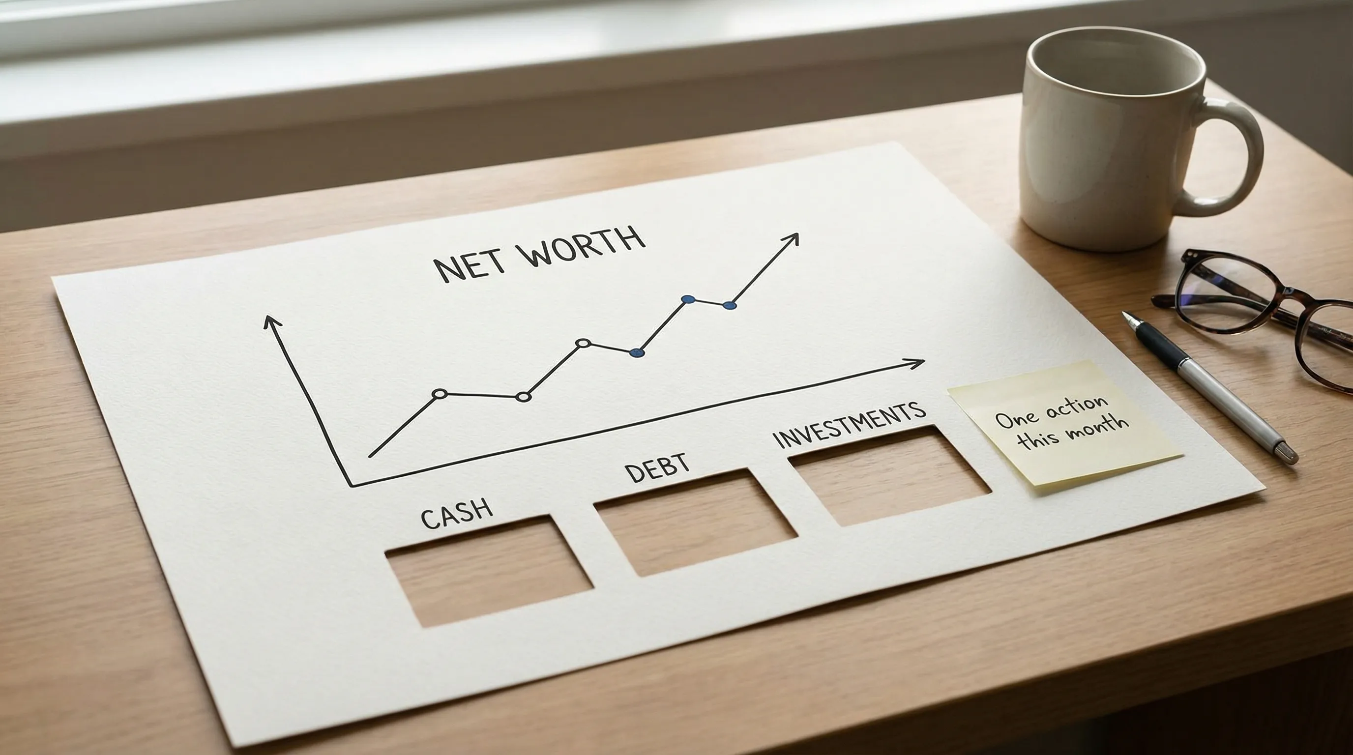 A minimalist dashboard concept showing a net worth line chart, three tiles labeled “Cash,” “Debt,” and “Investments,” and a small note that says “One action this month.” No screens are visible, just the dashboard elements as a clean illustration.