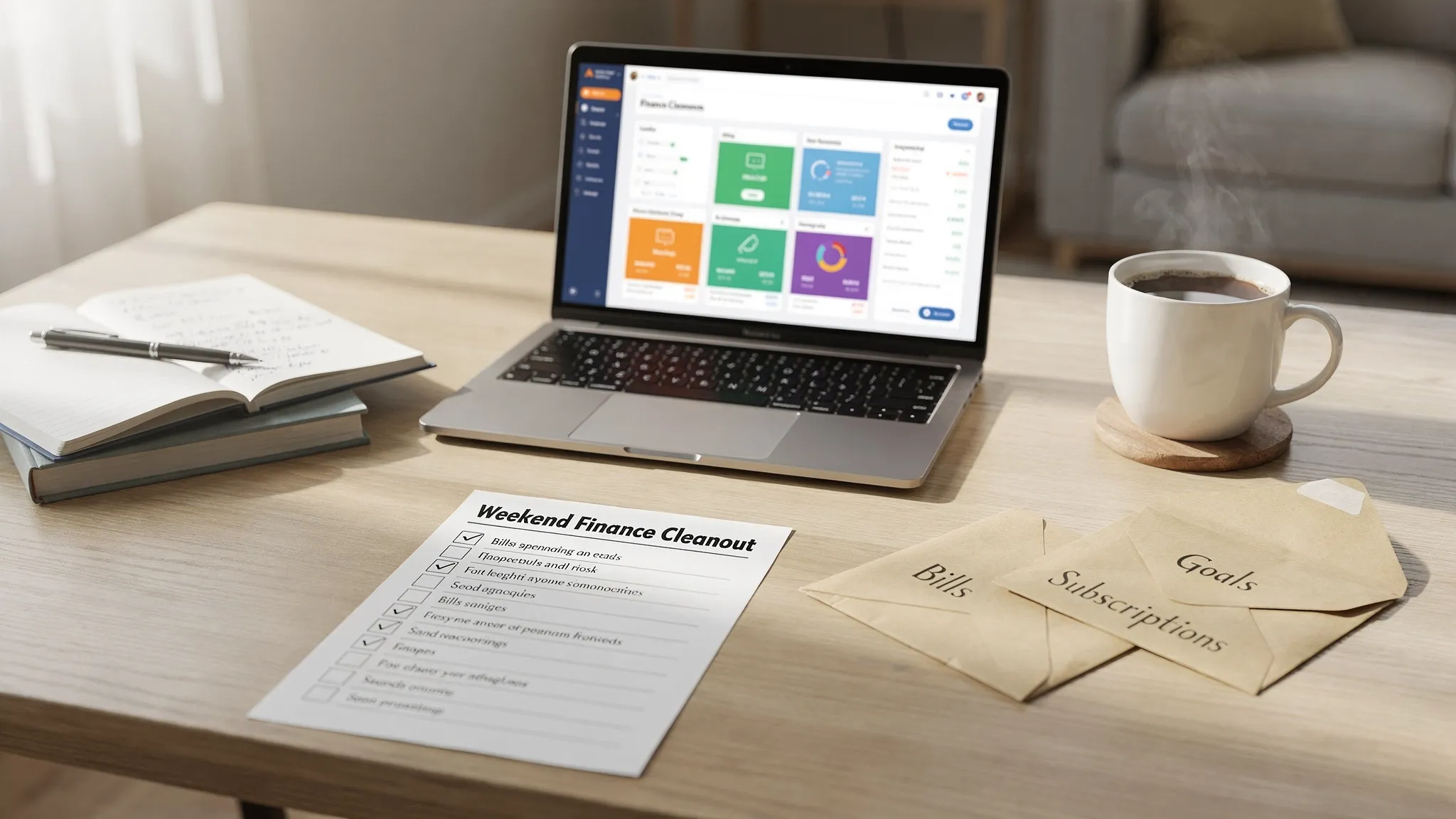 A desk setup for a weekend âfinance cleanoutâ: laptop open to a budgeting app, notebooks, coffee, a printed checklist, and a few envelopes labeled bills, subscriptions, and goals.