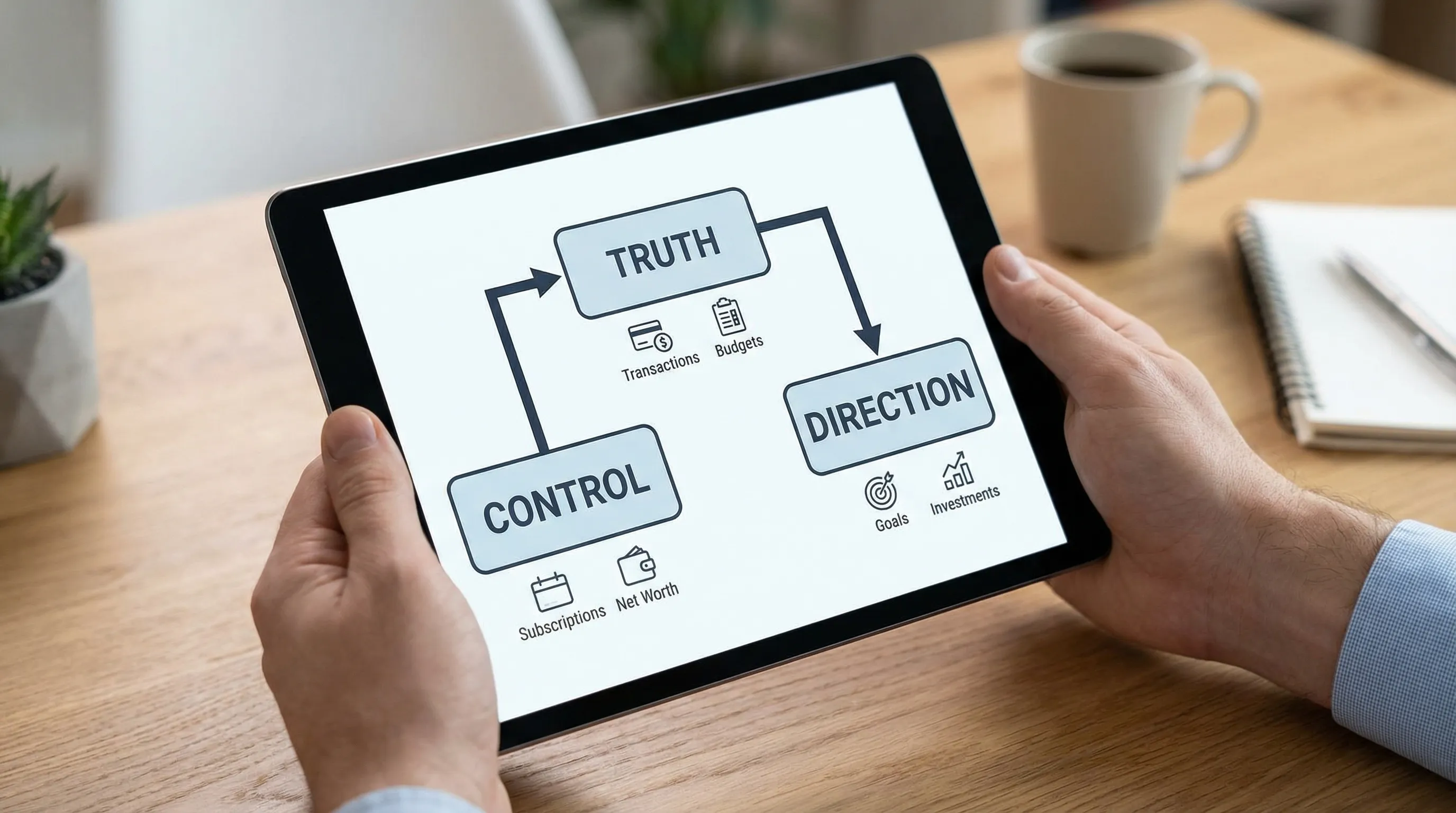 A simple âMoney OSâ snapshot: three boxes labeled Truth, Control, Direction connected by arrows, with small icons for transactions, budgets, subscriptions, net worth, and goals.