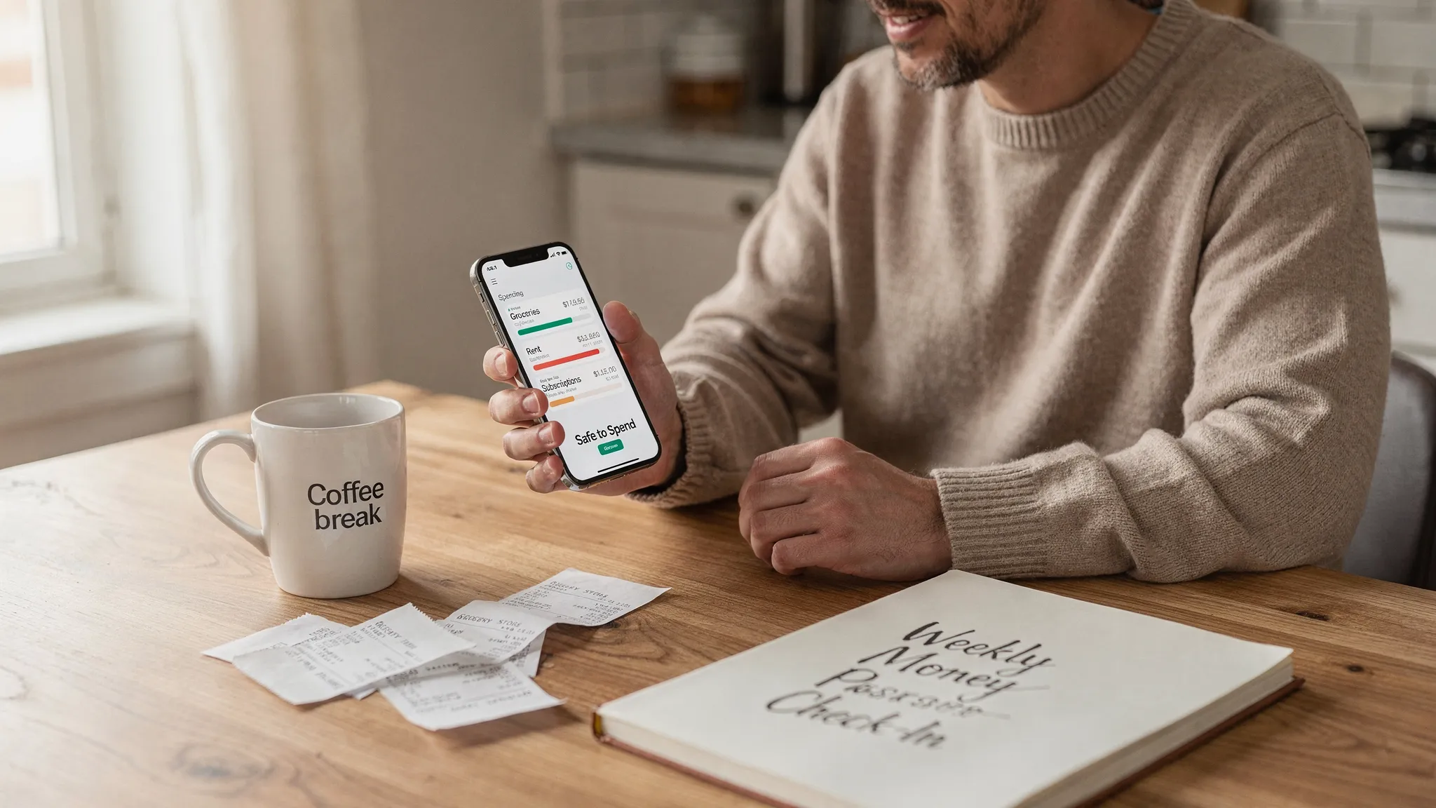 A person at a kitchen table reviewing a simple spending dashboard on a phone, with a coffee mug, a few receipts, and a notebook labeled “Weekly Money Check-In.” The phone screen shows clean categories like Groceries, Rent, Subscriptions, and Savings, with a clear safe-to-spend number.