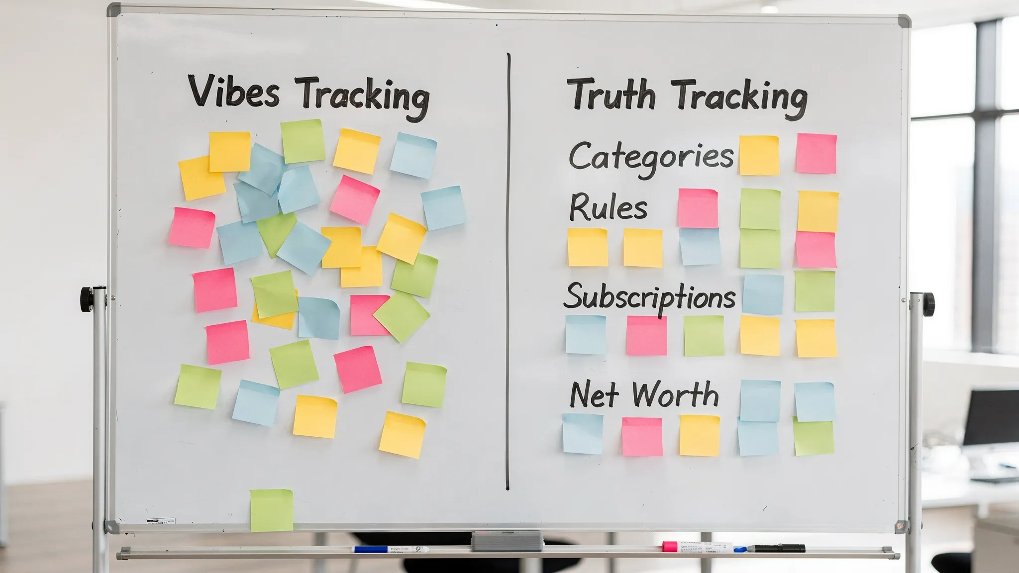 A simple comparison scene with two columns on a whiteboard: “Vibes Tracking” versus “Truth Tracking,” with sticky notes representing categories, rules, subscriptions, and net worth. The “Truth Tracking” side is organized into clear groups, while “Vibes Tracking” is messy and unlabeled.