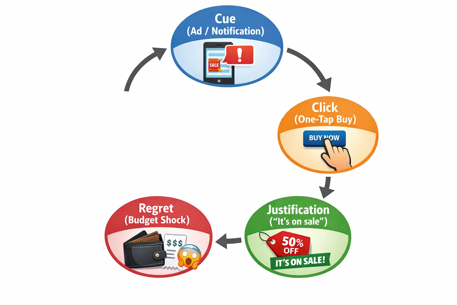 A simple 4-step loop diagram showing impulse spending: Cue (ad/notification) â Click (one-tap buy) â Justification (âitâs on saleâ) â Regret (budget shock), with arrows forming a cycle.