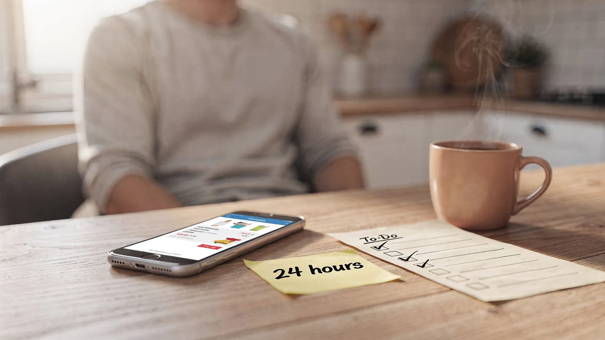 A person sitting at a kitchen table with a phone showing a paused shopping cart, a sticky note reading â24 hours,â and a simple checklist next to a coffee mug.