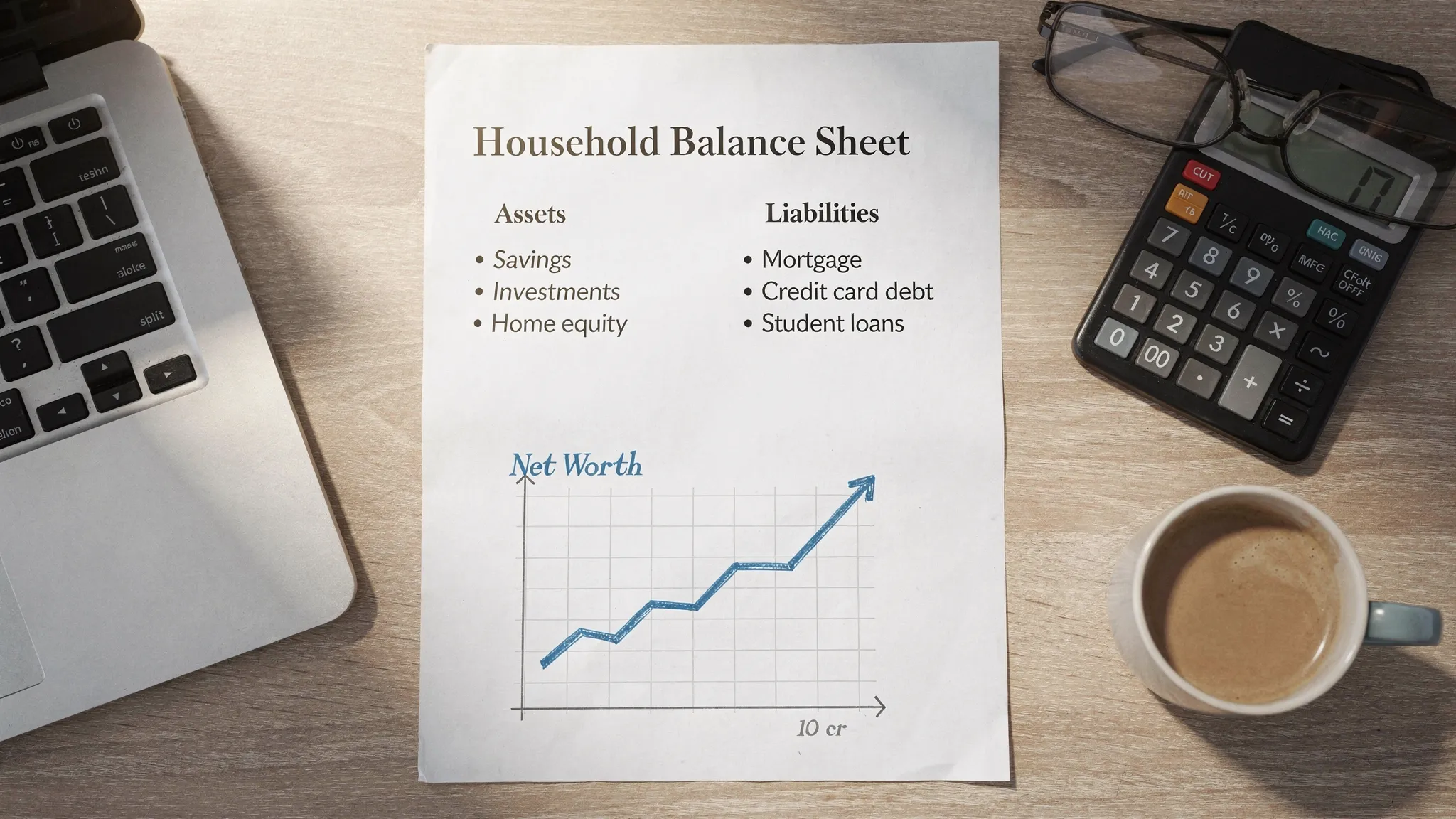 A clean personal finance workspace showing a household balance sheet with assets on one side, liabilities on the other, and a simple upward net worth trend line drawn on paper.