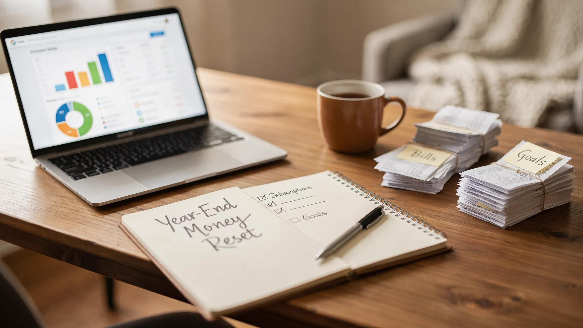 A cozy desk scene with a notebook labeled “Year-End Money Reset,” a simple checklist, a laptop showing a clean budget dashboard, and a few receipts being sorted into piles for bills, subscriptions, and goals.