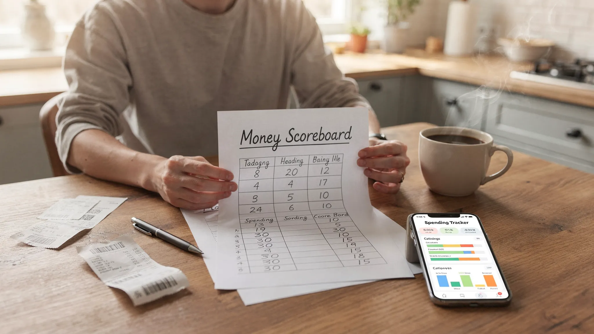 A person at a kitchen table reviewing a simple money scoreboard on paper next to a phone showing a spending tracker app, with coffee, receipts, and a calm, focused vibe.