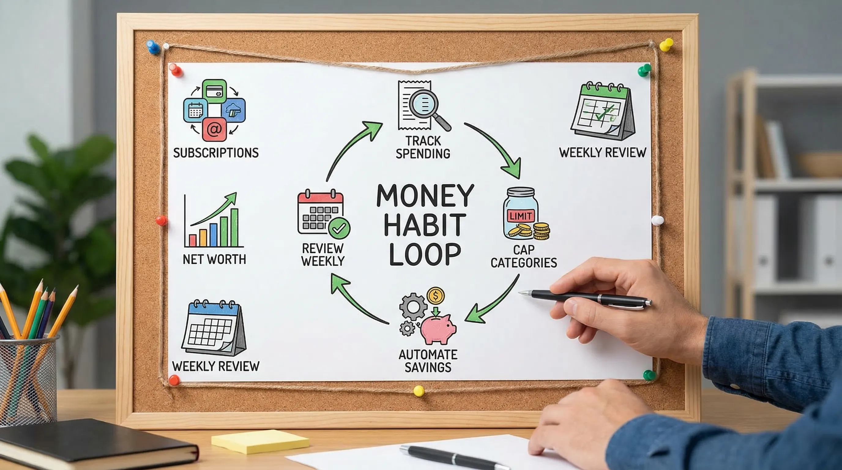 A simple infographic-style scene showing a money habit loop: track spending, cap categories, automate savings, review weekly, with icons for subscriptions, net worth, and a calendar.