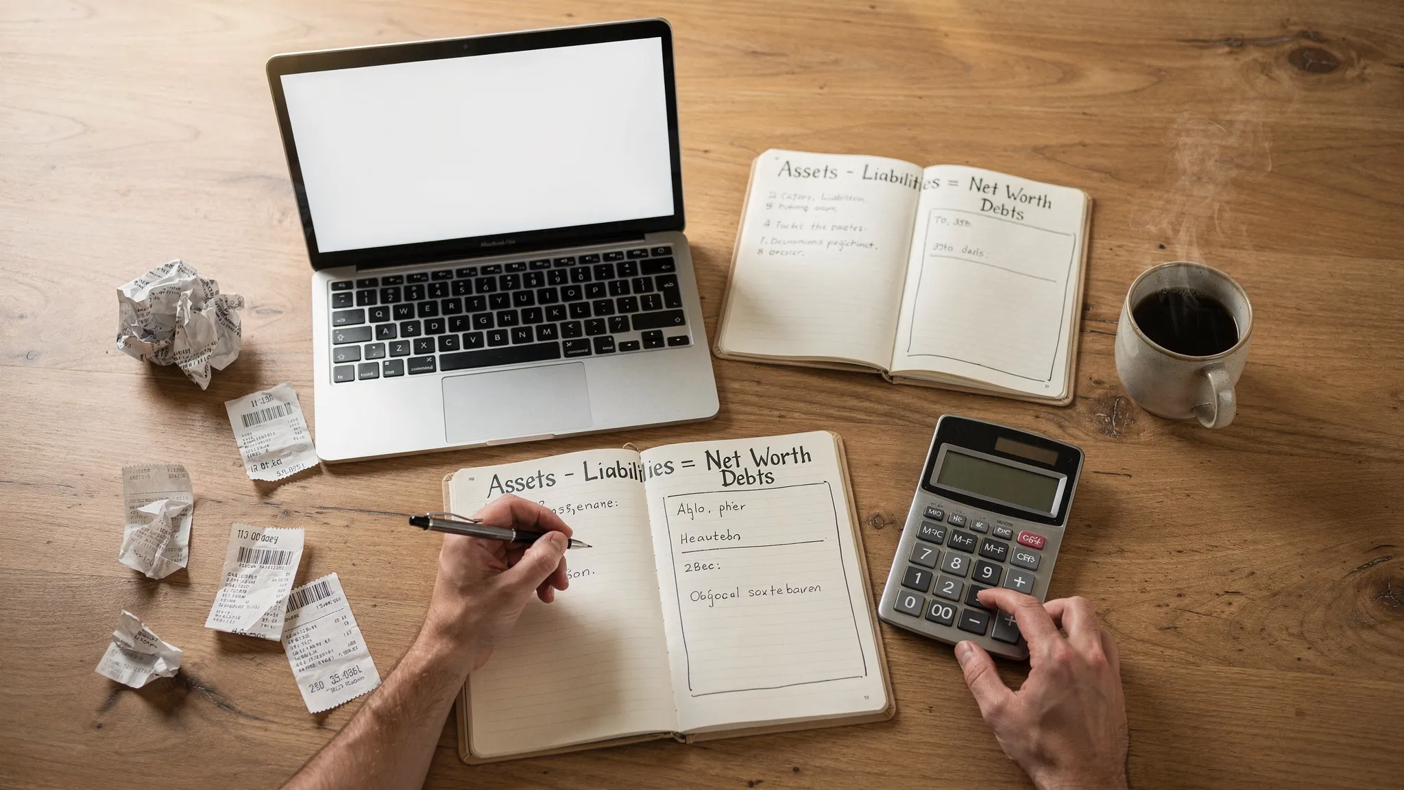 Overhead view of a kitchen table with a laptop, a notepad that reads Assets minus Liabilities equals Net Worth, a simple two-column sketch of assets and debts, receipts, a calculator, and a mug of coffee. Hands are mid-calculation, highlighting a realistic personal finance moment.