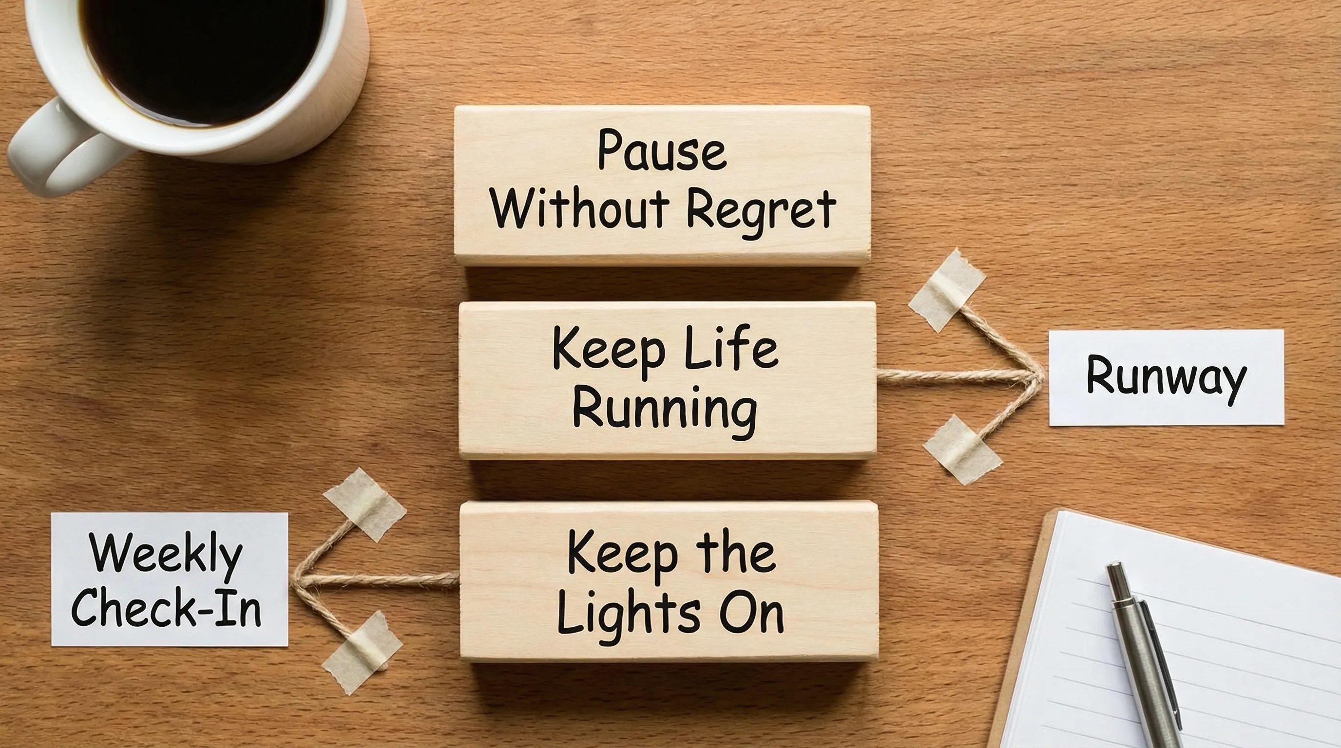 A simple diagram showing three emergency budget layers as stacked blocks labeled “Keep the Lights On,” “Keep Life Running,” and “Pause Without Regret,” with arrows pointing to “Runway” and “Weekly Check-In.”