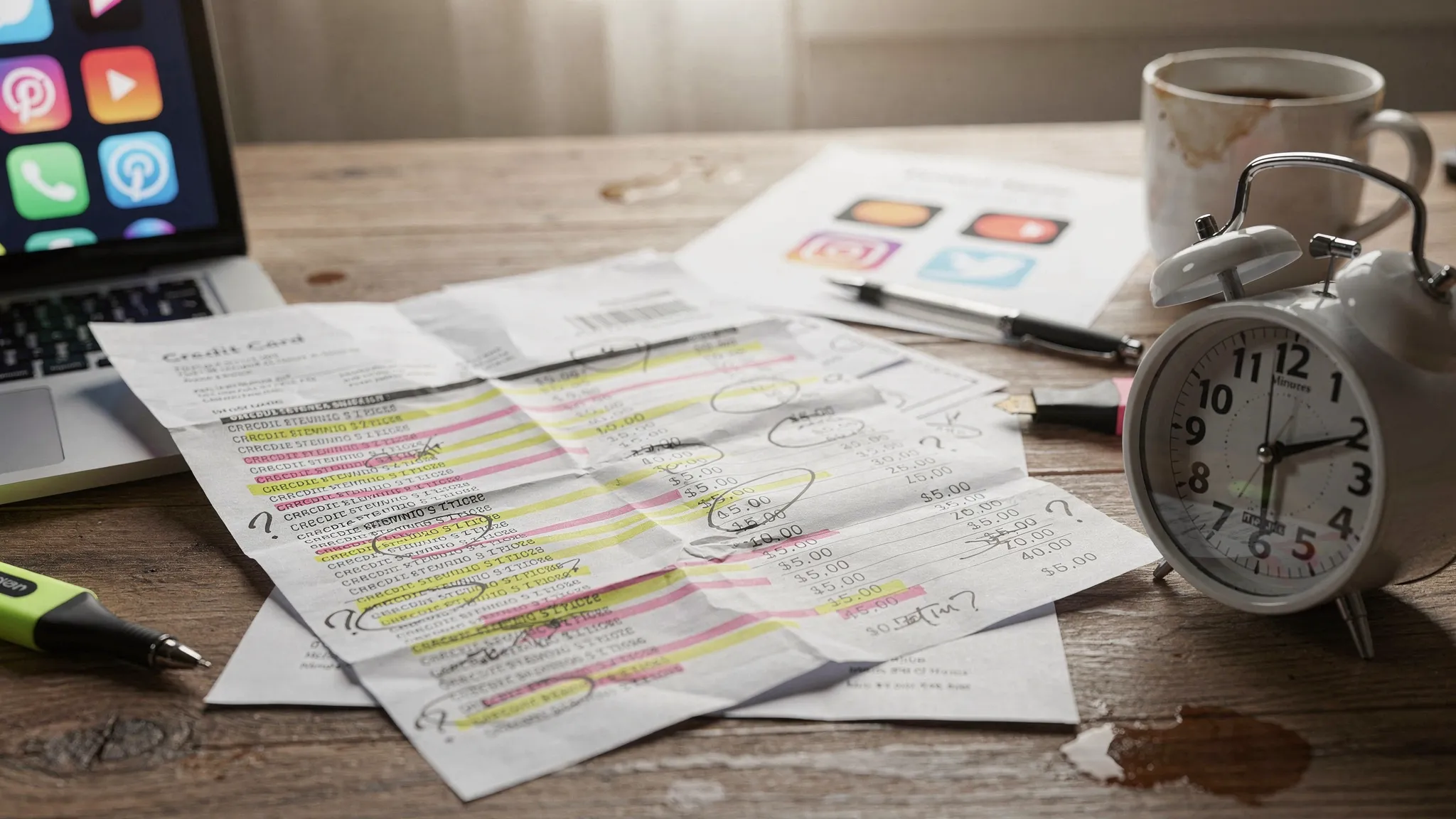 A messy credit card statement on a desk with multiple highlighted recurring charges, a few streaming logos as generic icons, and a kitchen timer set to 30 minutes.