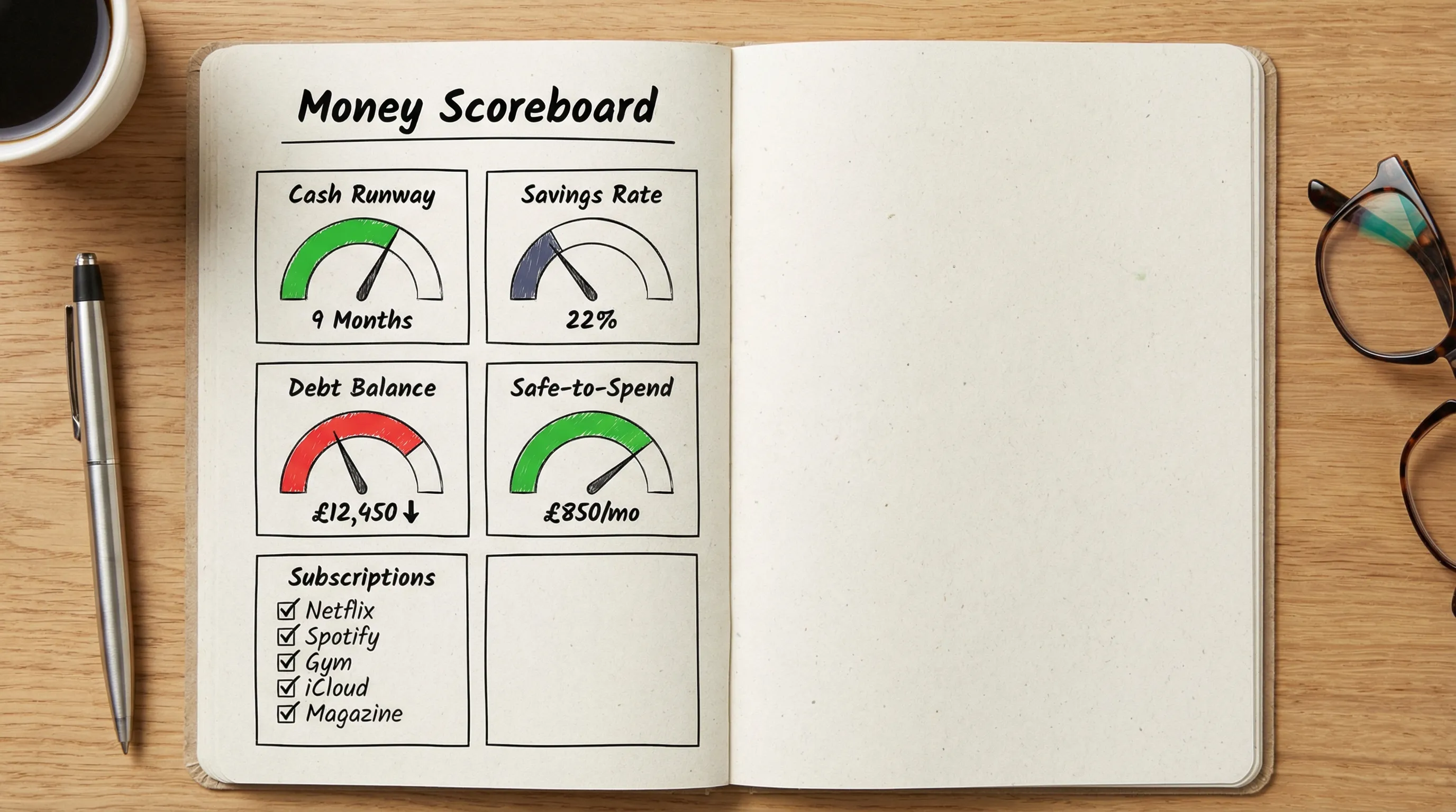 A simple âmoney scoreboardâ dashboard on a notebook page showing five metrics: cash runway, savings rate, debt balance, safe-to-spend, and subscriptions, with clean gauges and checkboxes.
