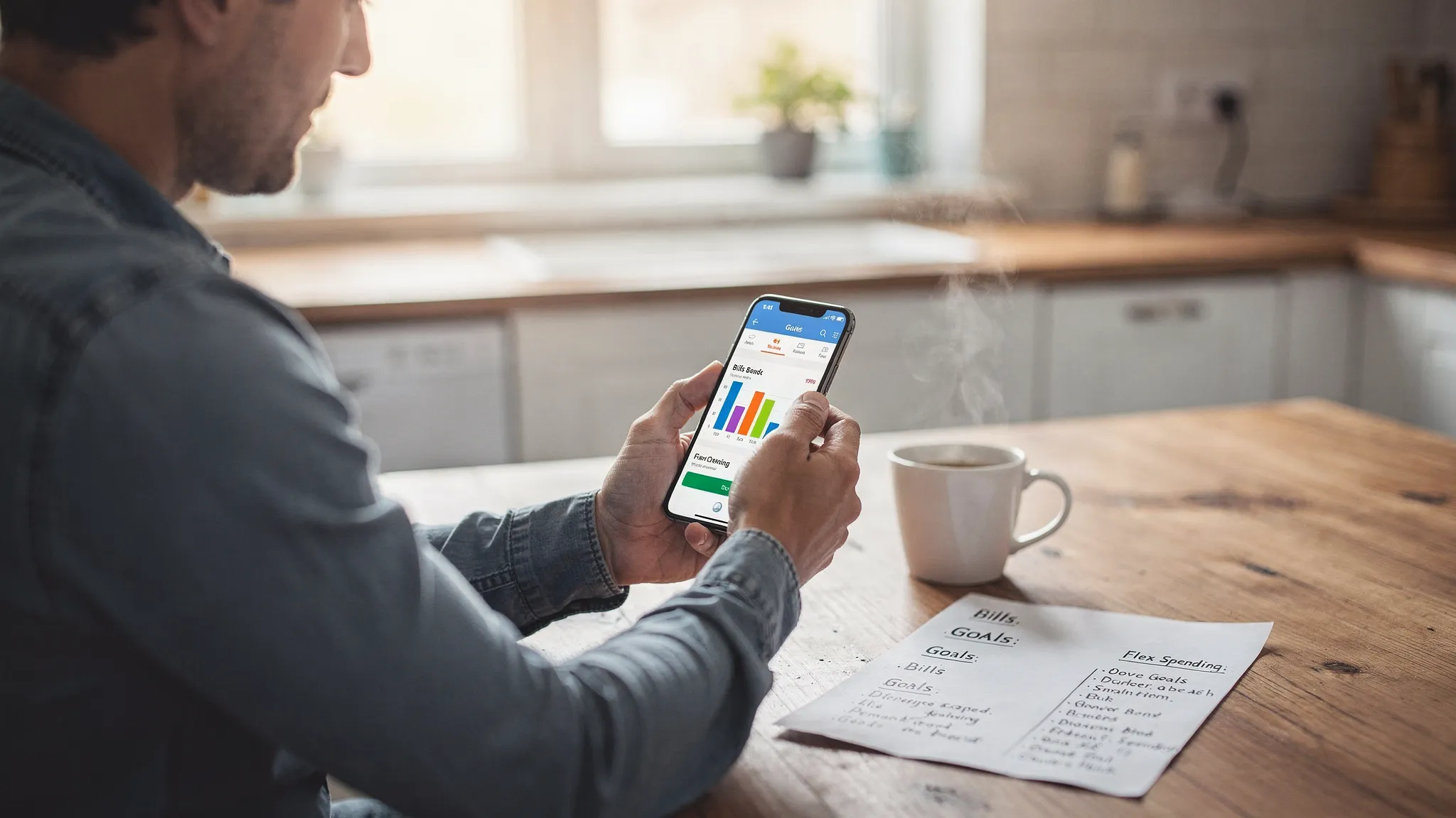 A person at a kitchen table reviewing a budgeting app on a phone next to a coffee cup and a simple list of goals, with categories like bills, goals, and flex spending visible.