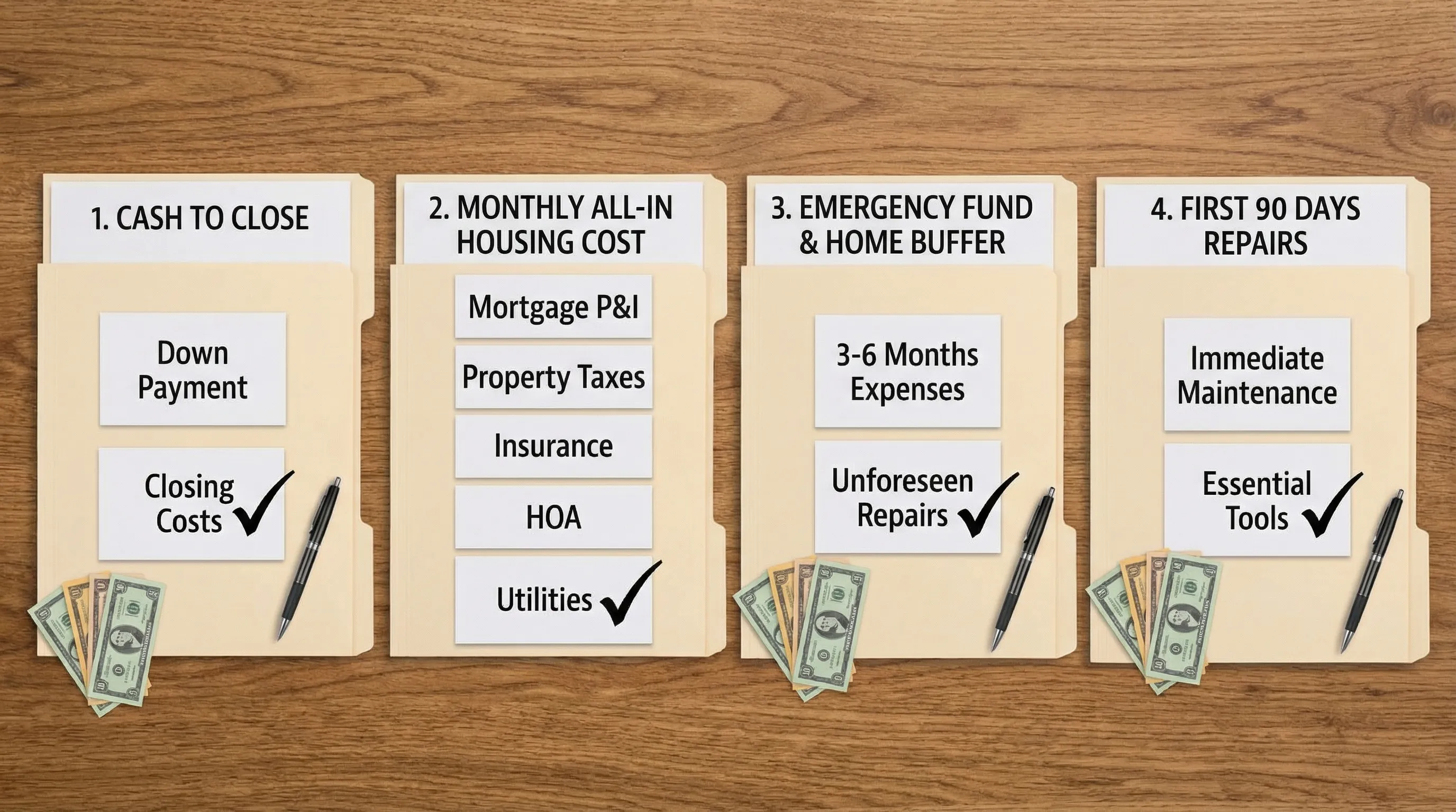 A simple visual checklist showing four homebuying money buckets: Cash to Close, Monthly All-in Housing Cost, Emergency Fund and Home Buffer, and First 90 Days Repairs. Include example line items like down payment, closing costs, property taxes, insurance, HOA, utilities, and maintenance.