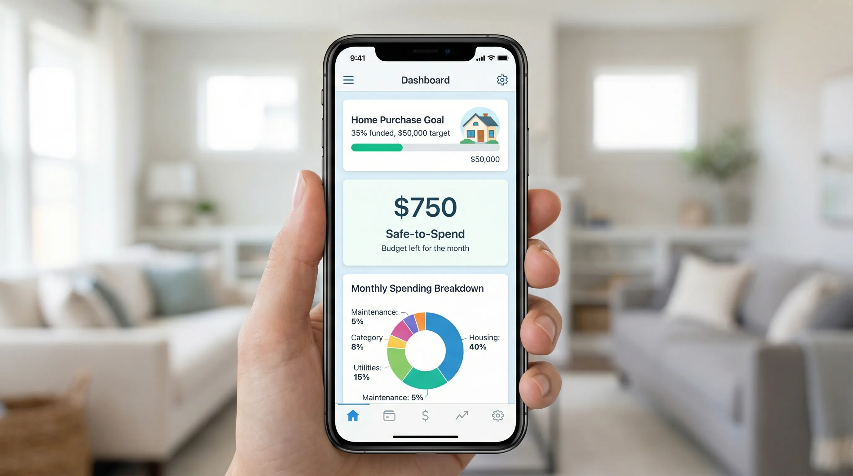 A clean, modern personal finance app dashboard concept showing a home purchase goal progress bar, a safe-to-spend number, and monthly spending breakdown categories like Housing, Utilities, and Maintenance. The screen is facing the viewer and contains no real brand logos.