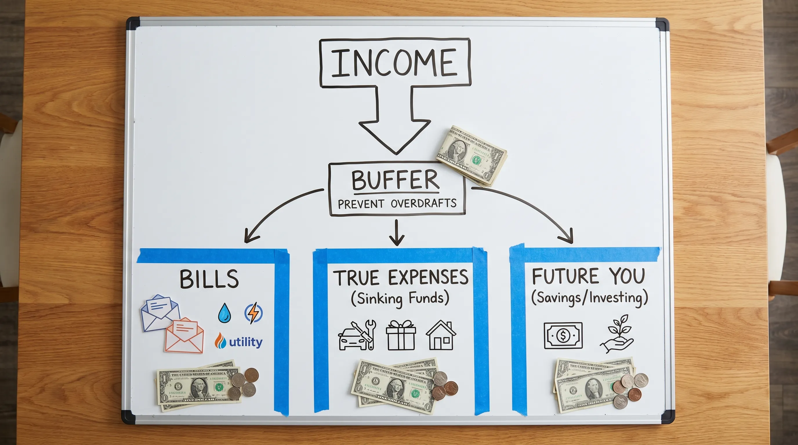 A simple money flow diagram showing income splitting into three lanes: Bills, True Expenses (sinking funds), and Future You (savings/investing), with a small buffer sitting between bills and spending to prevent overdrafts.