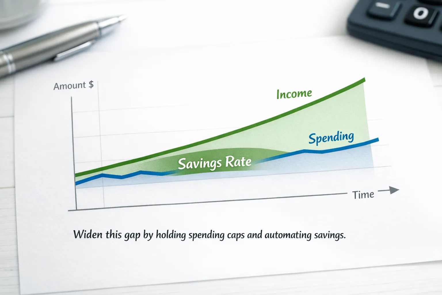 Two simple lines on a clean chart, income climbs steadily over time while spending either climbs in tandem or stays flatter. The shaded gap between the lines is labeled savings rate. Caption, widen this gap by holding spending caps and automating savings.