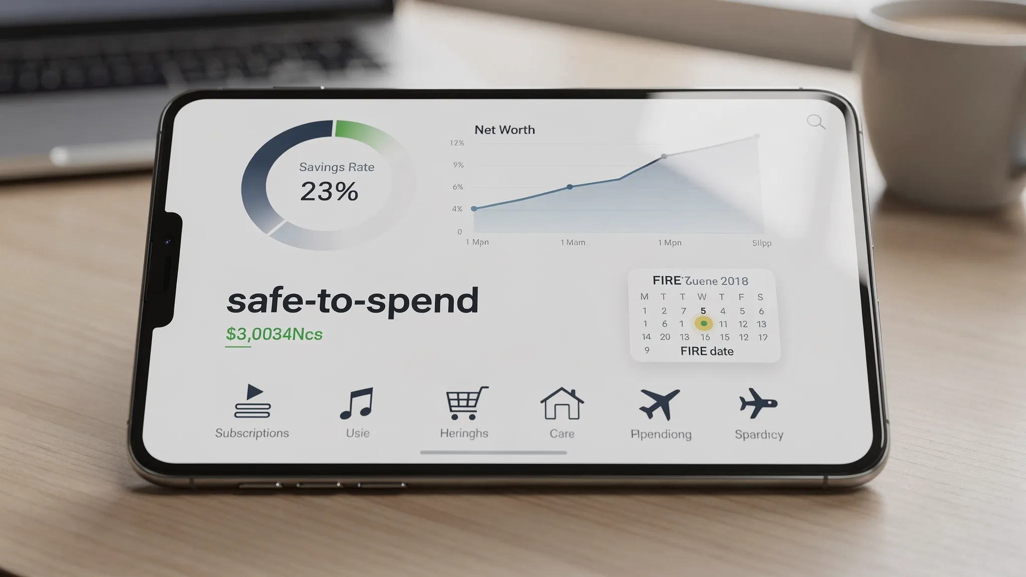 A smartphone screen showing a personal finance dashboard with a savings rate gauge, a net worth trend line, a “safe-to-spend” amount, and a projected FIRE date calendar marker, with simple icons for subscriptions and categories.