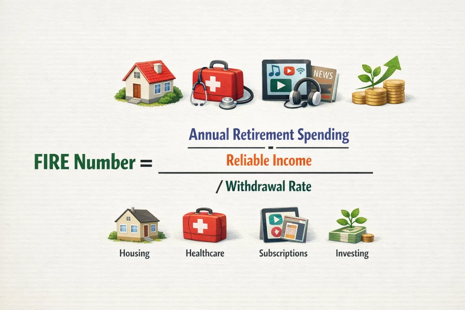 A simple illustration showing the FIRE number formula: annual retirement spending minus reliable income, divided by withdrawal rate, with small icons for housing, healthcare, subscriptions, and investing.