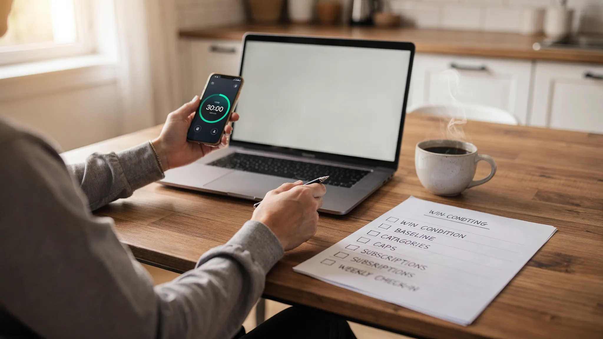 A person at a kitchen table with a laptop and a cup of coffee, setting a 30-minute timer on their phone while reviewing a simple budgeting checklist on paper labeled “Win Condition, Baseline, Categories, Caps, Subscriptions, Weekly Check-in.”