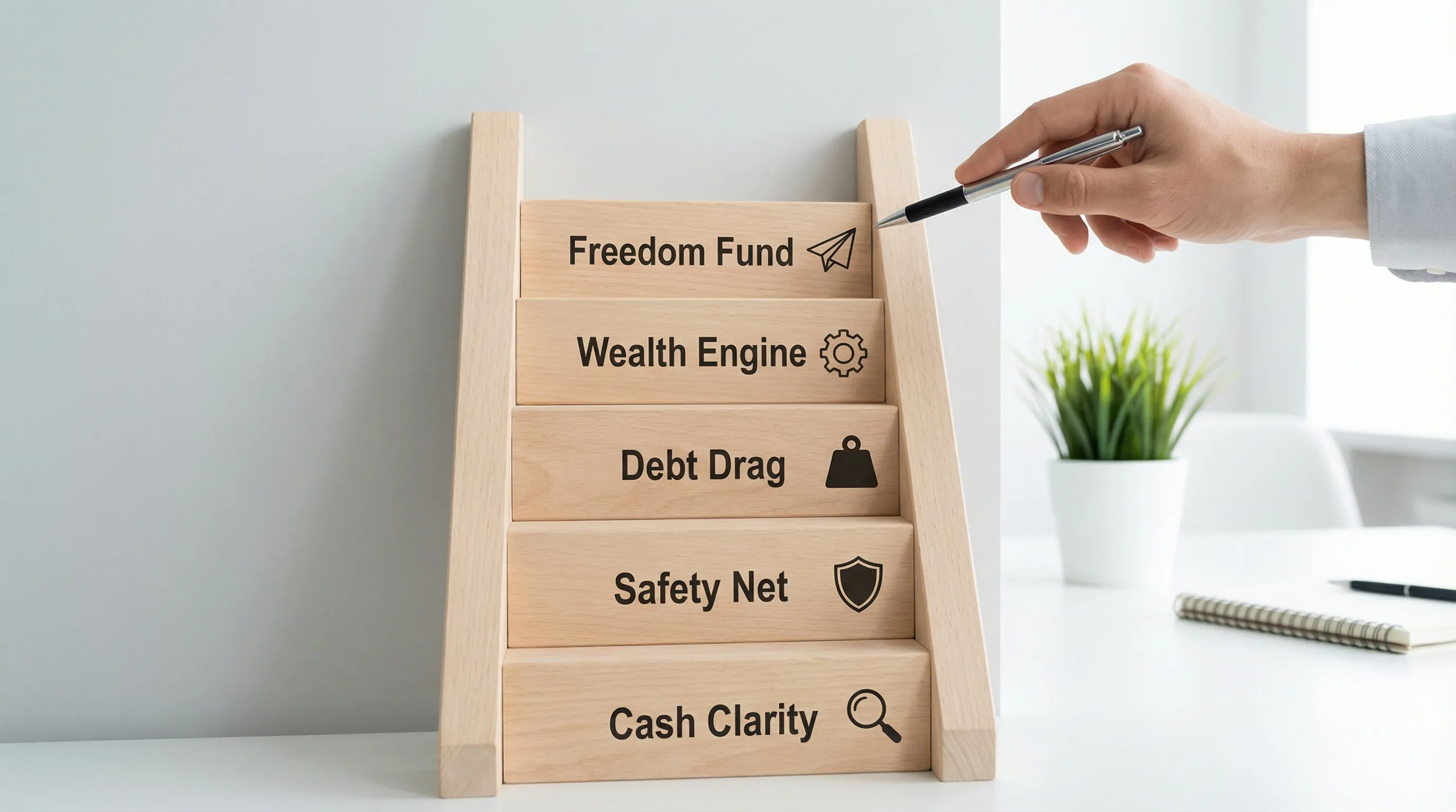 A simple five-step ladder graphic labeled (from bottom to top): Cash Clarity, Safety Net, Debt Drag, Wealth Engine, Freedom Fund. Minimal icons for each step (magnifying glass, shield, weight, gear, airplane).