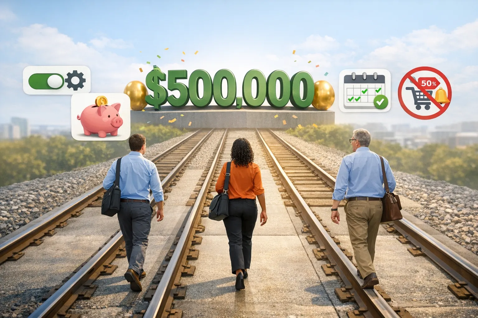 Three everyday professionals on parallel tracks moving toward a large $500,000 milestone, with small icons representing automation toggles, a piggy bank, a calendar for consistent investing, and a crossed-out impulse purchase notification, all in a clean, friendly style.