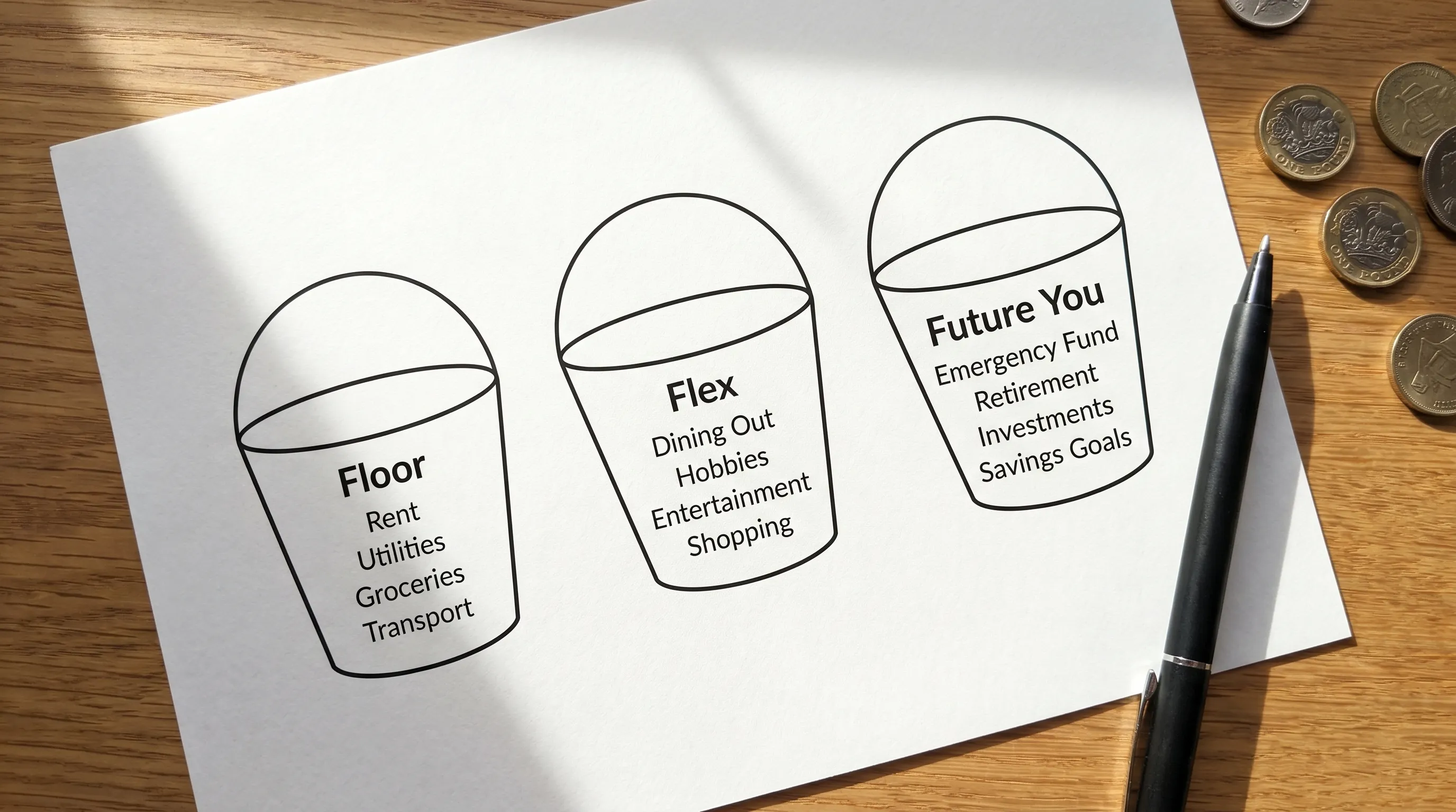 A simple three-bucket budgeting diagram labeled Floor, Flex, and Future You, with example expenses listed under each bucket and a clean, minimalist style.