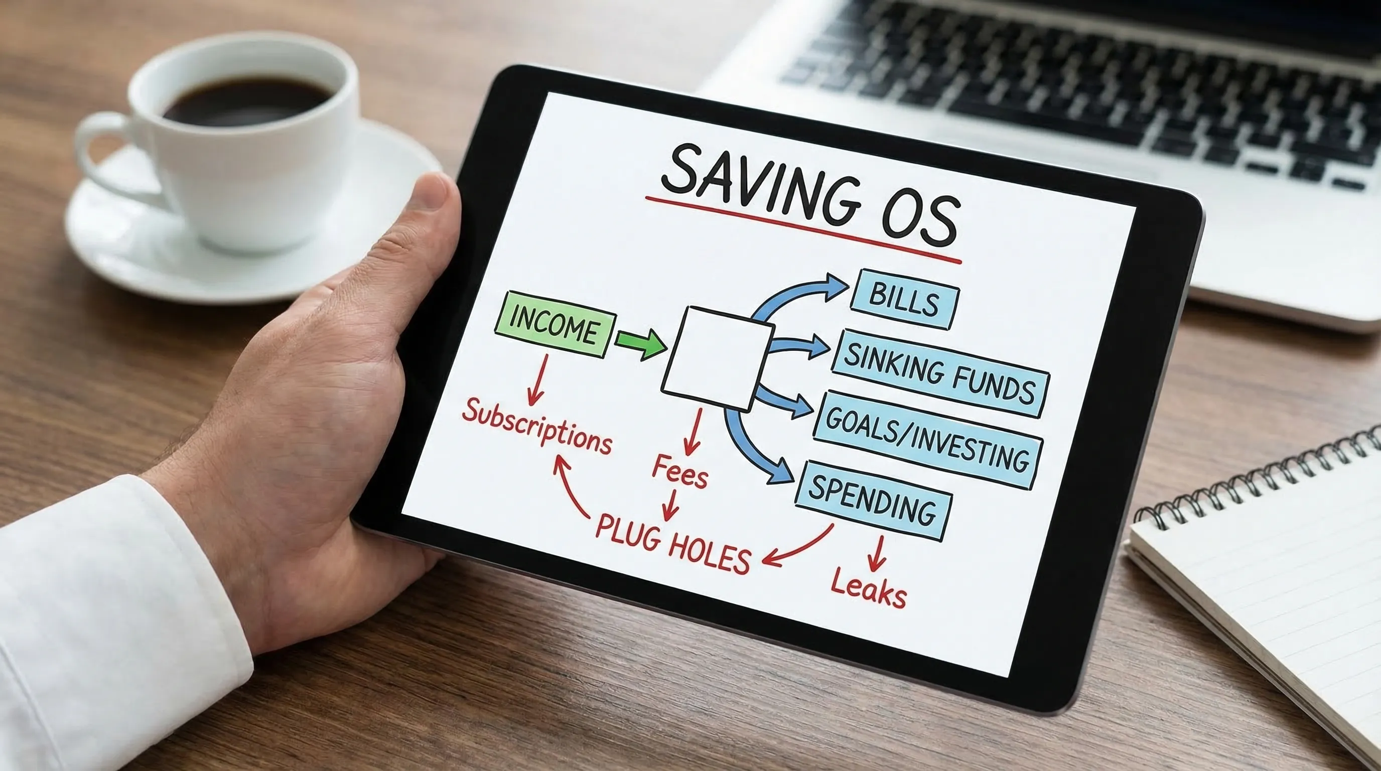 A simple diagram showing a “Saving OS” flow: Income enters, then splits into Bills, Sinking Funds, Goals/Investing, and Spending. Small leaks like subscriptions and fees are highlighted as holes that must be plugged.