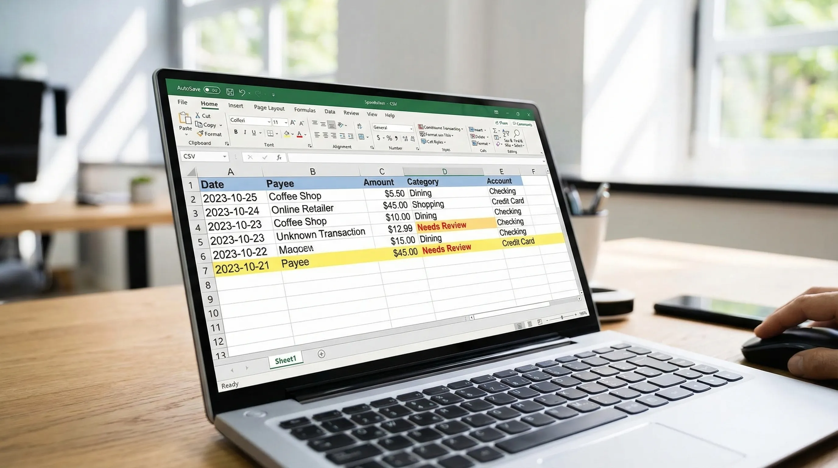 A simple spreadsheet-style view showing a clean CSV with columns Date, Payee, Amount, Category, Account, and a highlighted “Needs Review” category for unclear transactions.