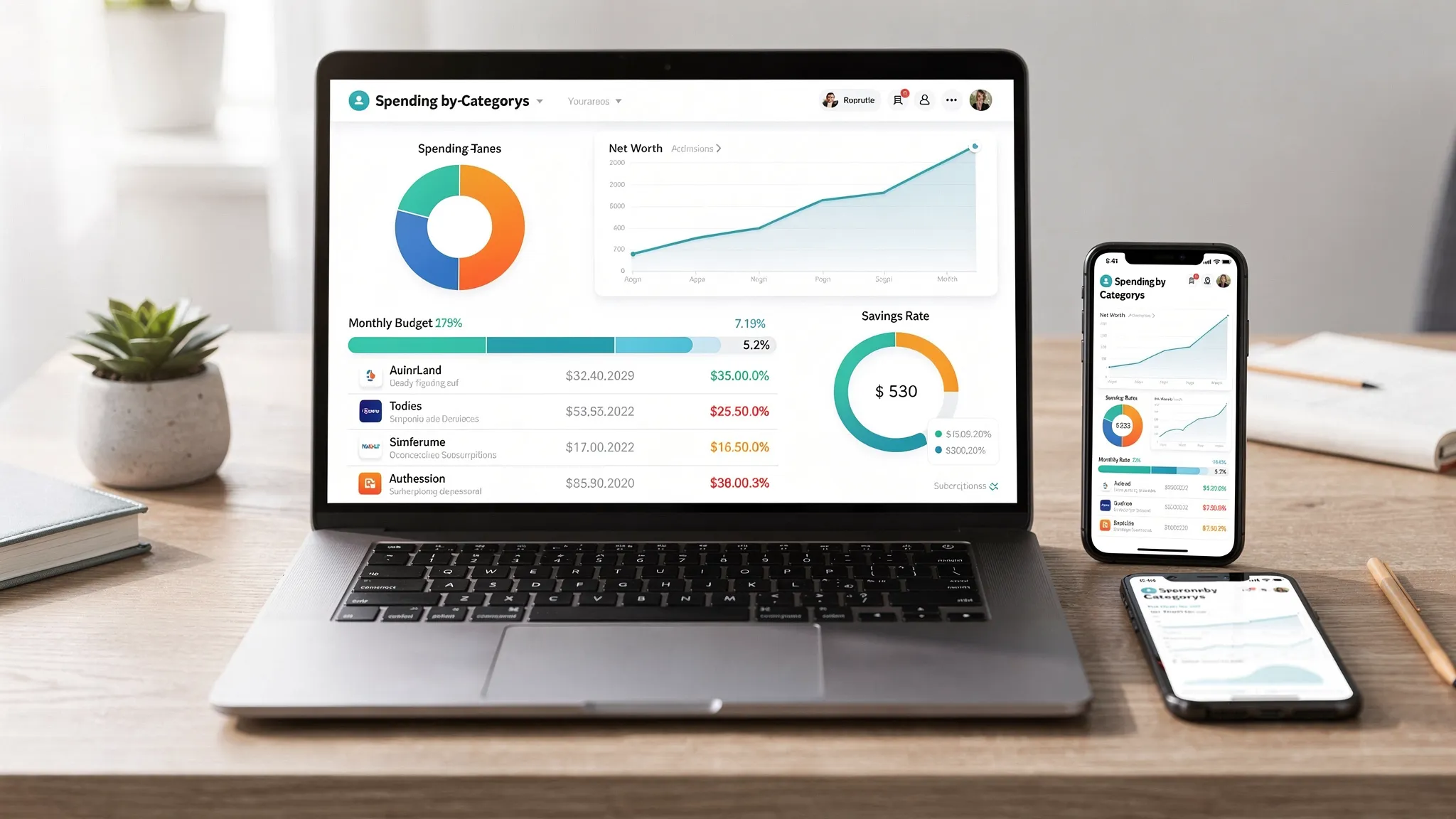 A clean personal finance app dashboard shown on a laptop and phone, with clear spending by category, a monthly budget progress bar, net worth trend line, savings rate gauge, and a list of tracked subscriptions. The screens face the viewer with realistic layout and readable interface elements.