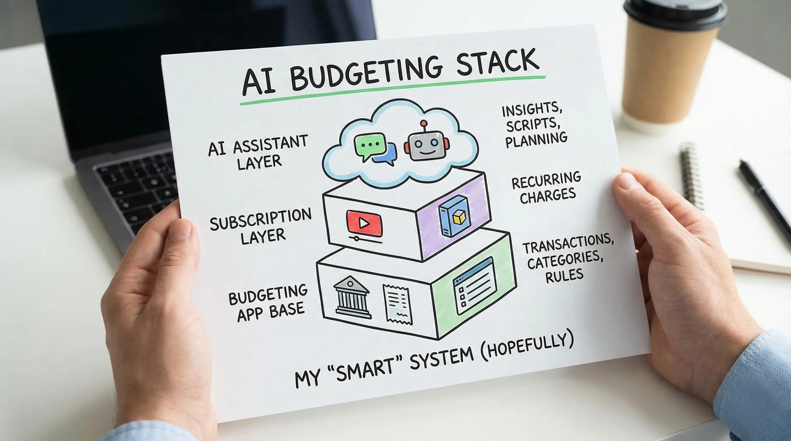 A humorous illustration of a personal finance “AI budgeting stack” as three layers: a budgeting app base (transactions, categories, rules), a subscription layer (recurring charges), and an AI assistant layer (insights, scripts, planning), with simple icons for bank accounts, receipts, and a chat bubble.