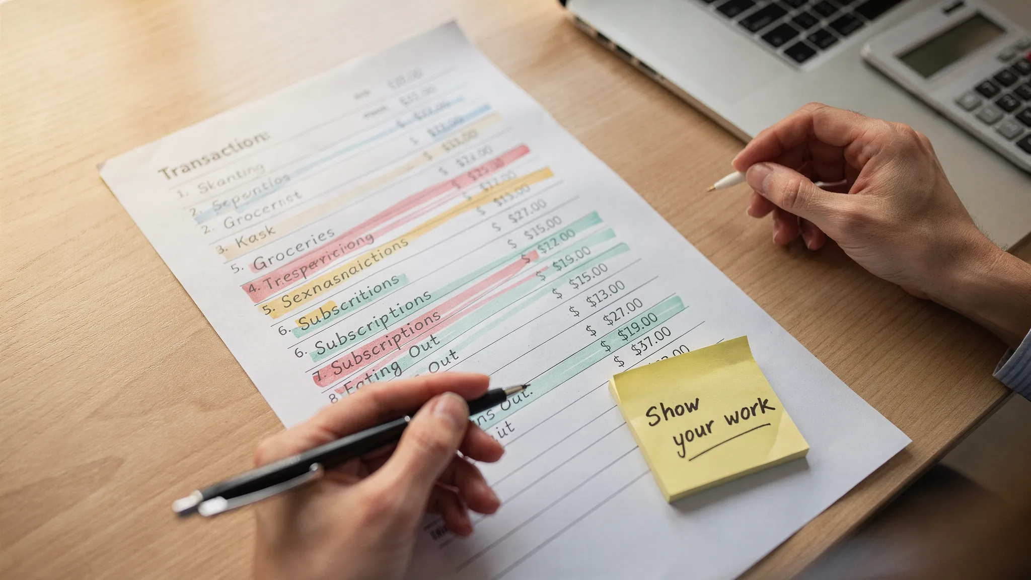 A close-up scene of a person reviewing a transaction list with highlighted categories (Groceries, Subscriptions, Eating Out) and a small sticky note that says “Show your work,” emphasizing explainable insights.