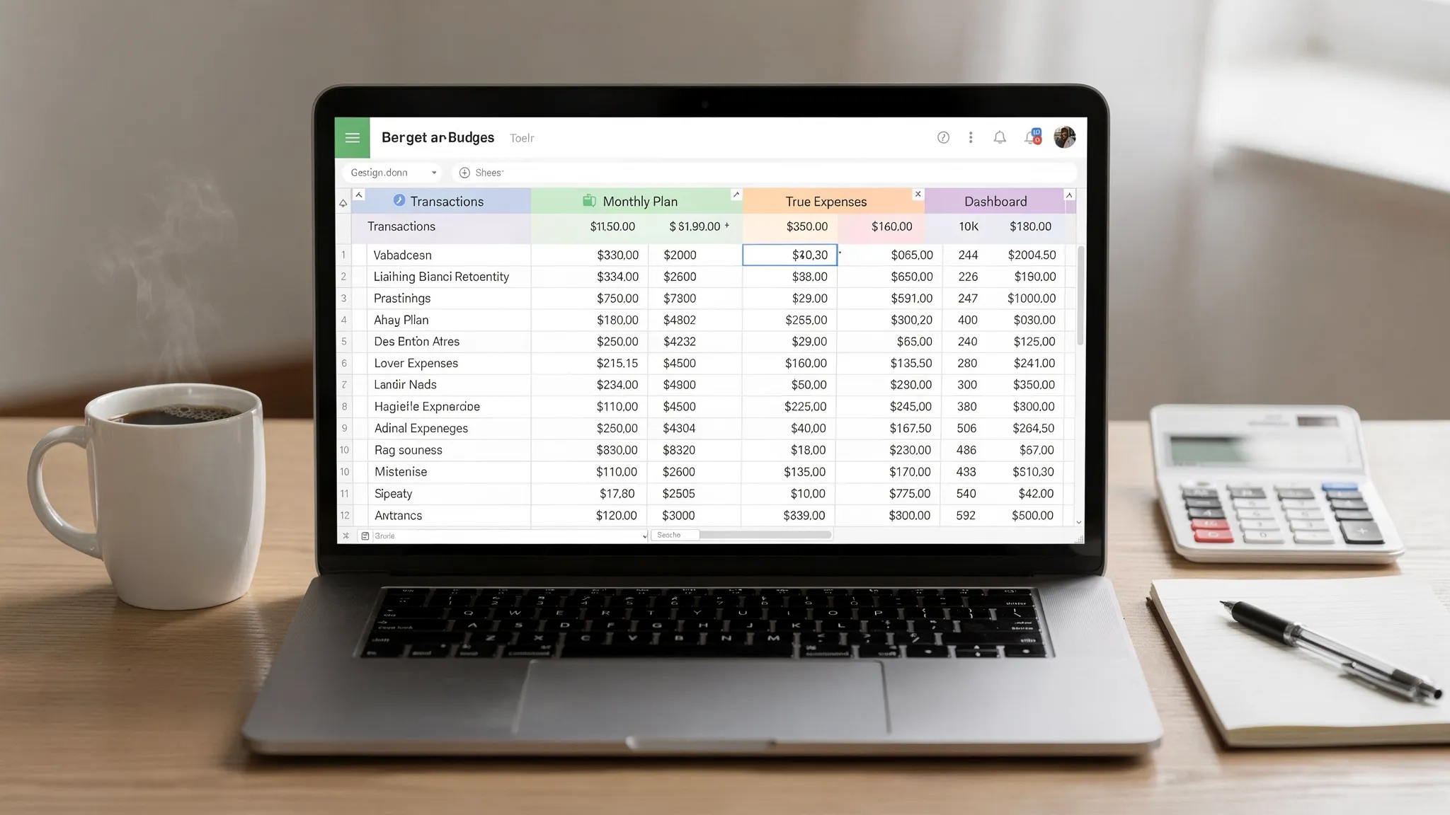 A clean personal budget spreadsheet displayed on a laptop facing the viewer, with simple tabs for transactions, monthly plan, true expenses, and dashboard. A coffee mug, calculator, and notebook sit nearby on a tidy desk.