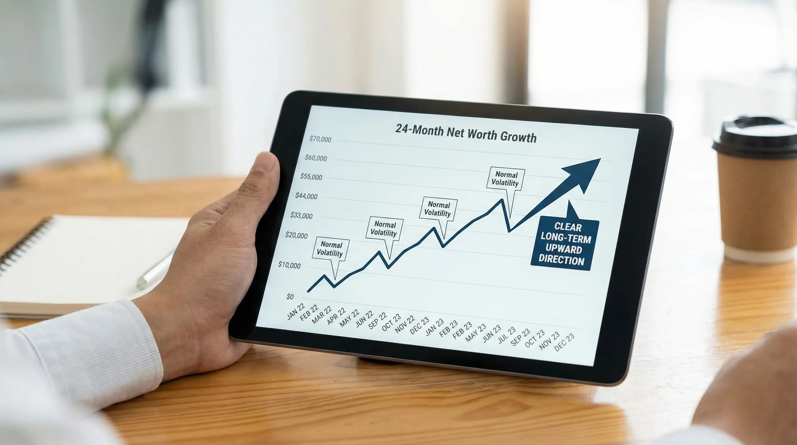 A simple upward-trending net worth line chart across 24 months, with small dips labeled as normal volatility and a clear long-term upward direction.