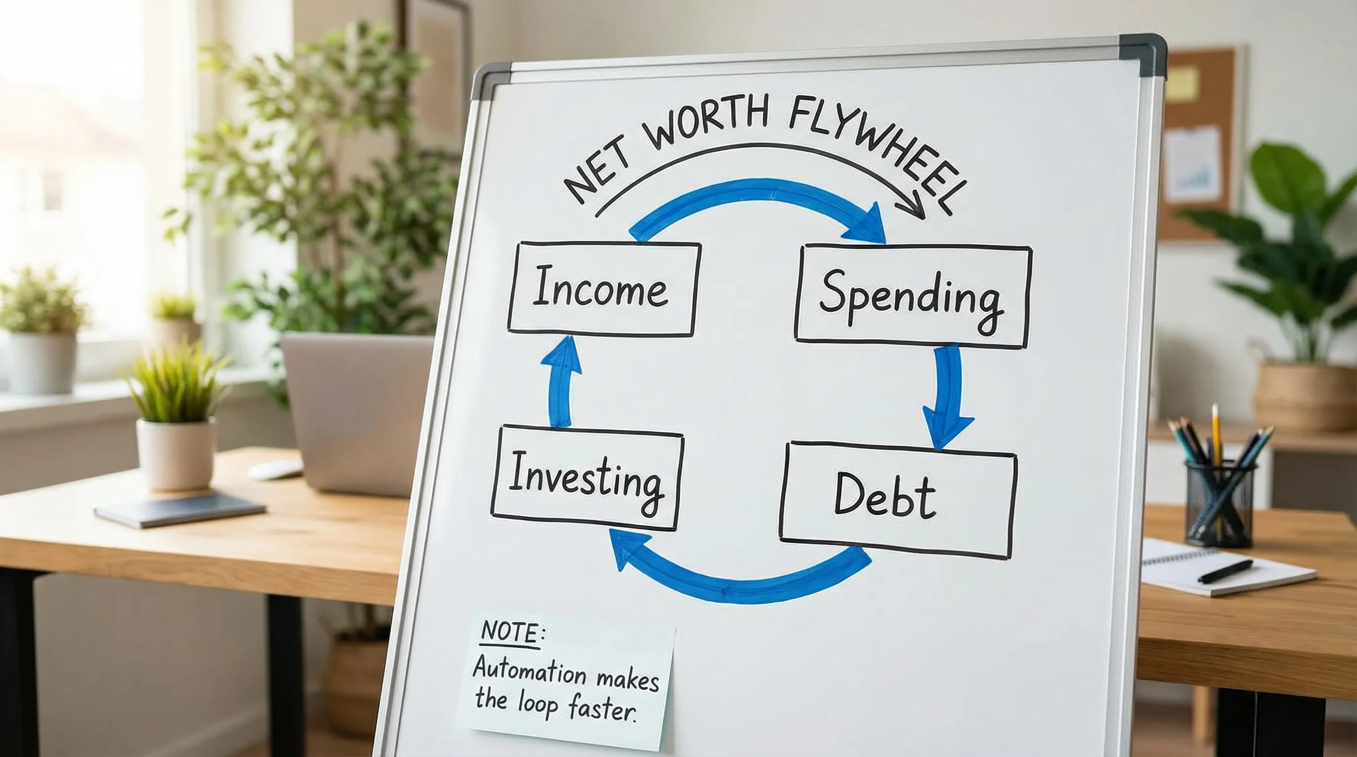 A simple four-box diagram labeled Income, Spending, Debt, Investing, with arrows forming a loop titled Net Worth Flywheel and a note that automation makes the loop faster.