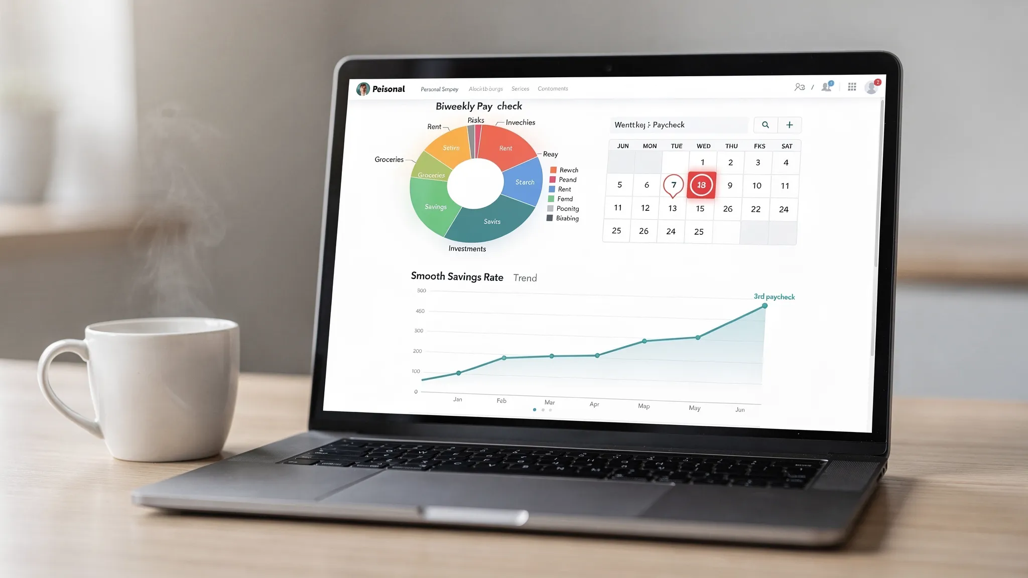 A clean personal finance dashboard showing a biweekly paycheck breakdown pie chart, a calendar with a third paycheck month highlighted, and a savings rate trend line rising over the past six months. The scene is on a laptop with a coffee mug nearby, conveying a simple but focused budgeting routine.
