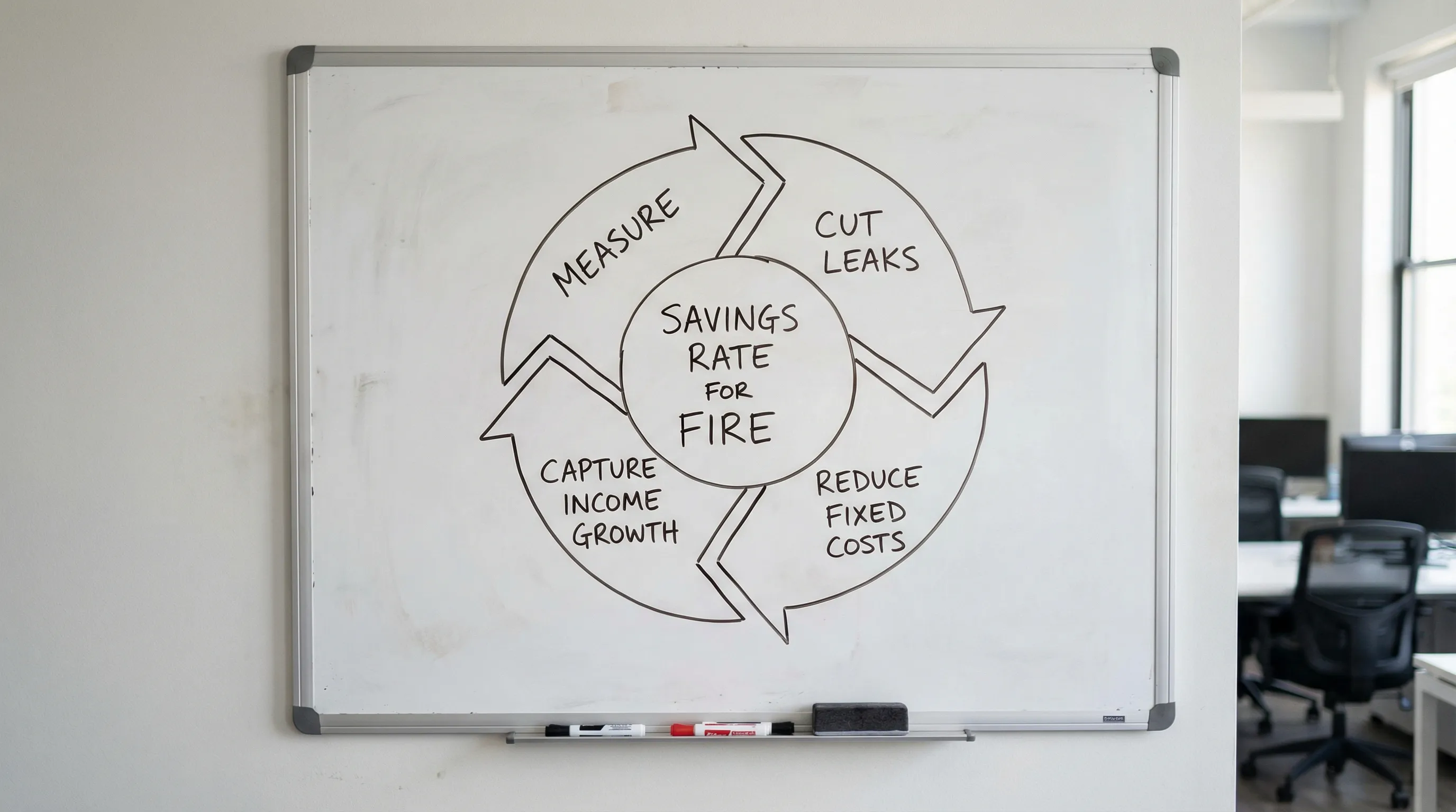 A simple flywheel diagram with four labeled segments: Measure, Cut Leaks, Reduce Fixed Costs, Capture Income Growth. In the center, the label reads “Savings Rate for FIRE”.