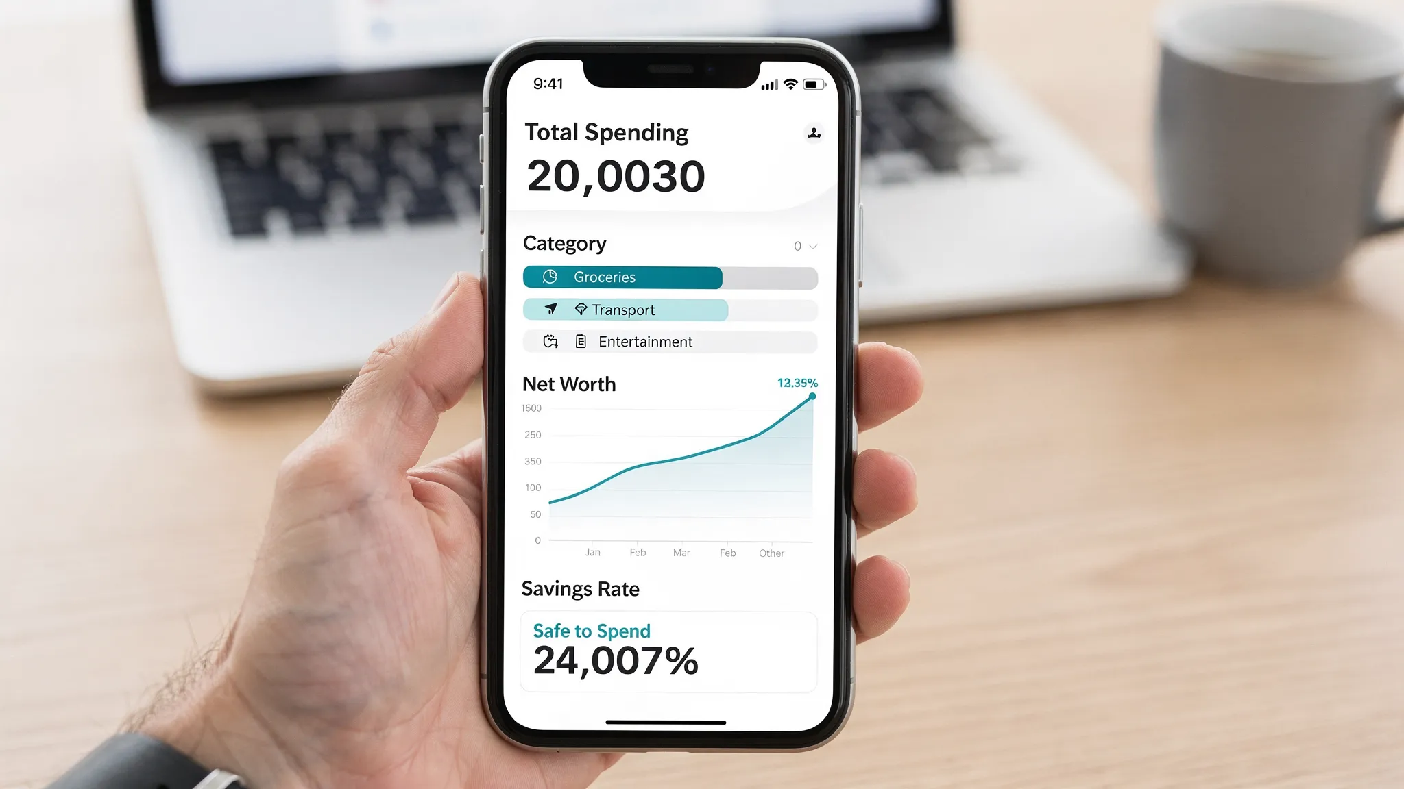 A clean, modern personal finance dashboard on a phone showing spending totals, category breakdowns, net worth trend, savings rate, and a âsafe to spendâ number, with minimal design and no identifiable personal data.
