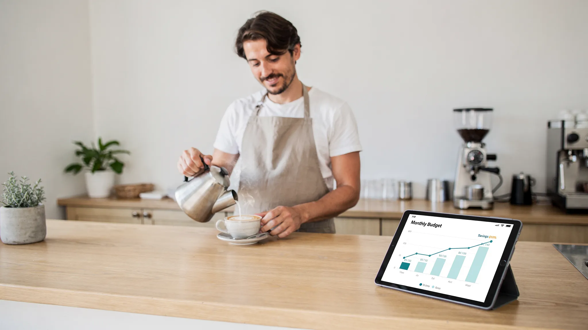 A 30-something ex-office worker wearing an apron pours latte art behind a coffee bar while a tablet on the counter shows a simple monthly budget and savings rate chart. The vibe is calm, minimalist, and intentional, capturing the idea of part-time work funding a flexible lifestyle.