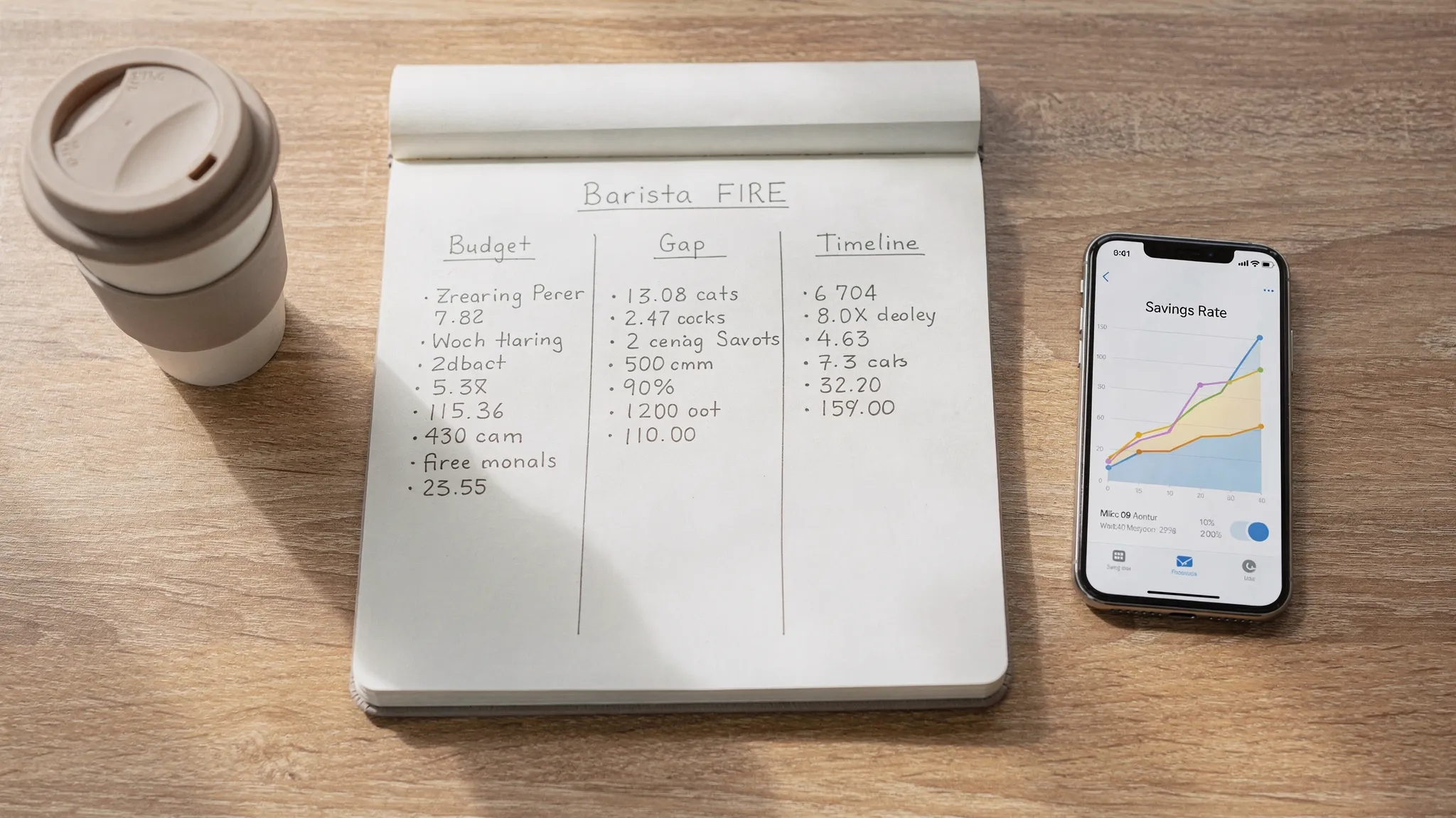 A clean, overhead shot of a notepad with a hand-written Barista FIRE plan, three columns labeled Budget, Gap, Timeline, alongside a phone displaying a savings rate chart and a reusable coffee cup. Calm desk scene with natural light.