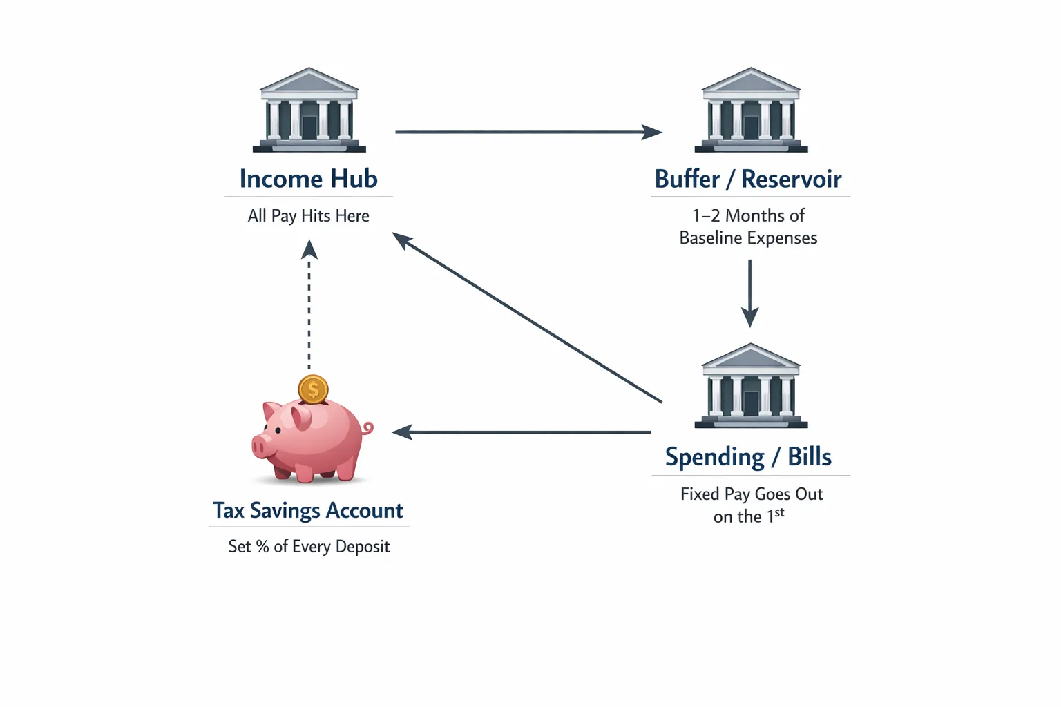 A clean, minimalist diagram showing three bank accounts connected by arrows: 1) Income Hub (all pay hits here), 2) Buffer/Reservoir (1–2 months of baseline expenses), 3) Spending/Bills (fixed pay goes out on the 1st), plus a separate Tax Savings account that siphons off a percentage of every deposit.)